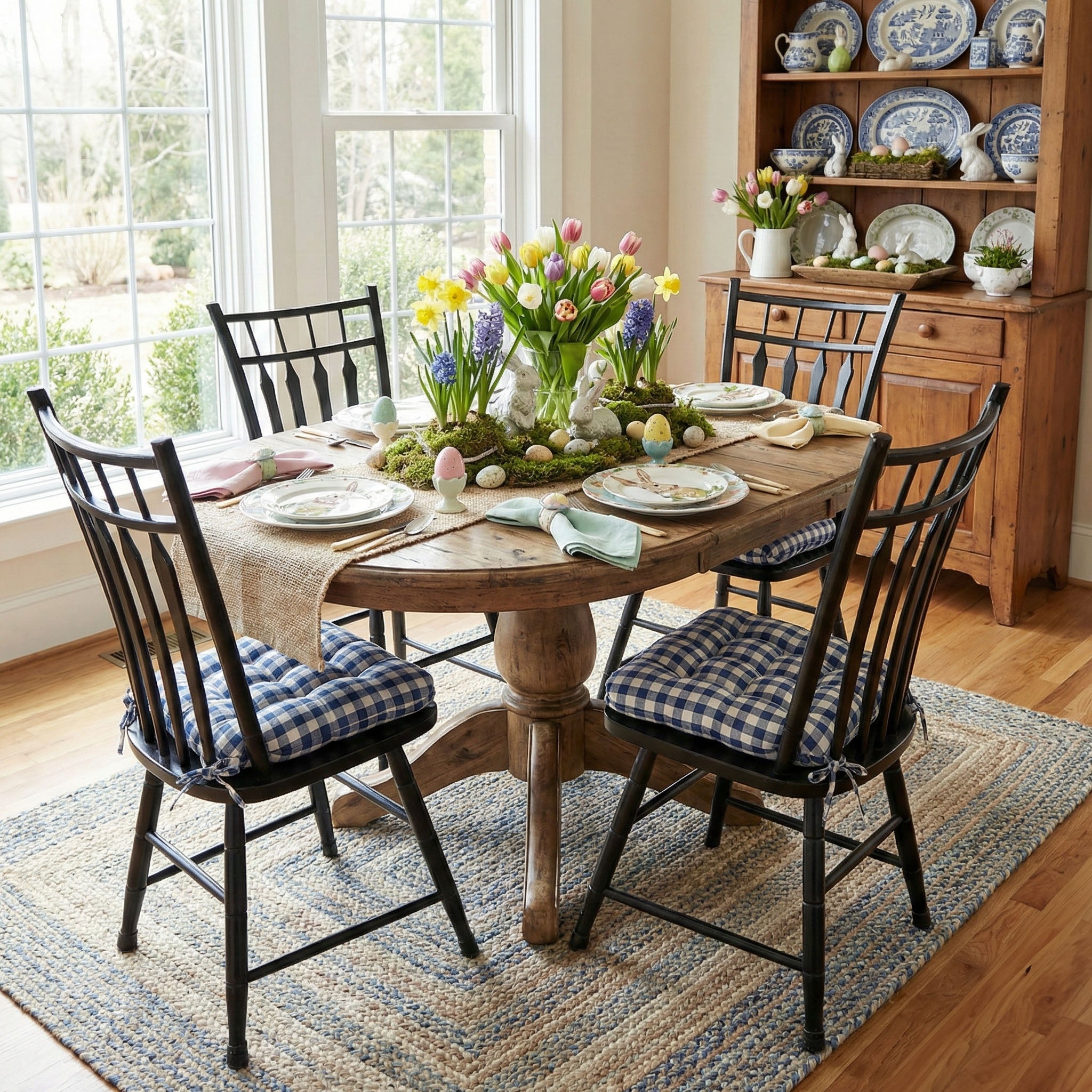 Classic Check Navy Blue Dining Chair Pads - Latex Foam Fill, Reversible - Made in USA