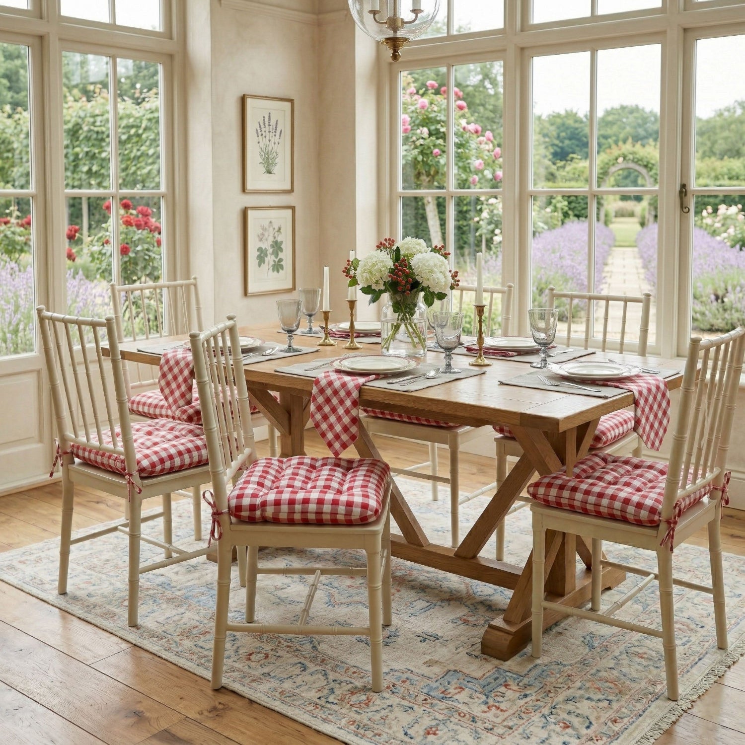 Dining room with wooden table and chairs with red checkered cushions and cloth napkins