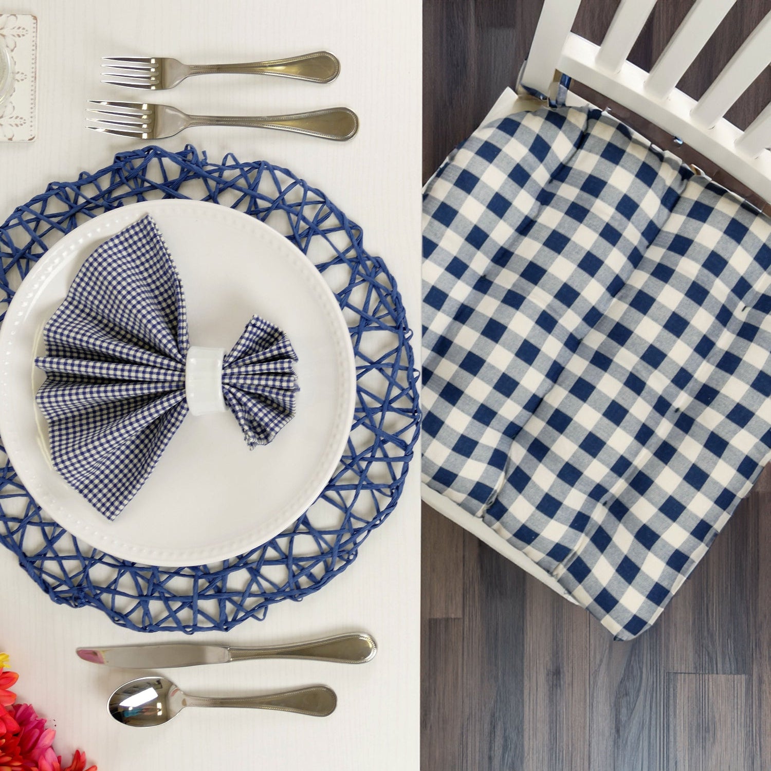 Classic Check Navy Blue Dining Chair Pads - Latex Foam Fill, Reversible - Made in USA