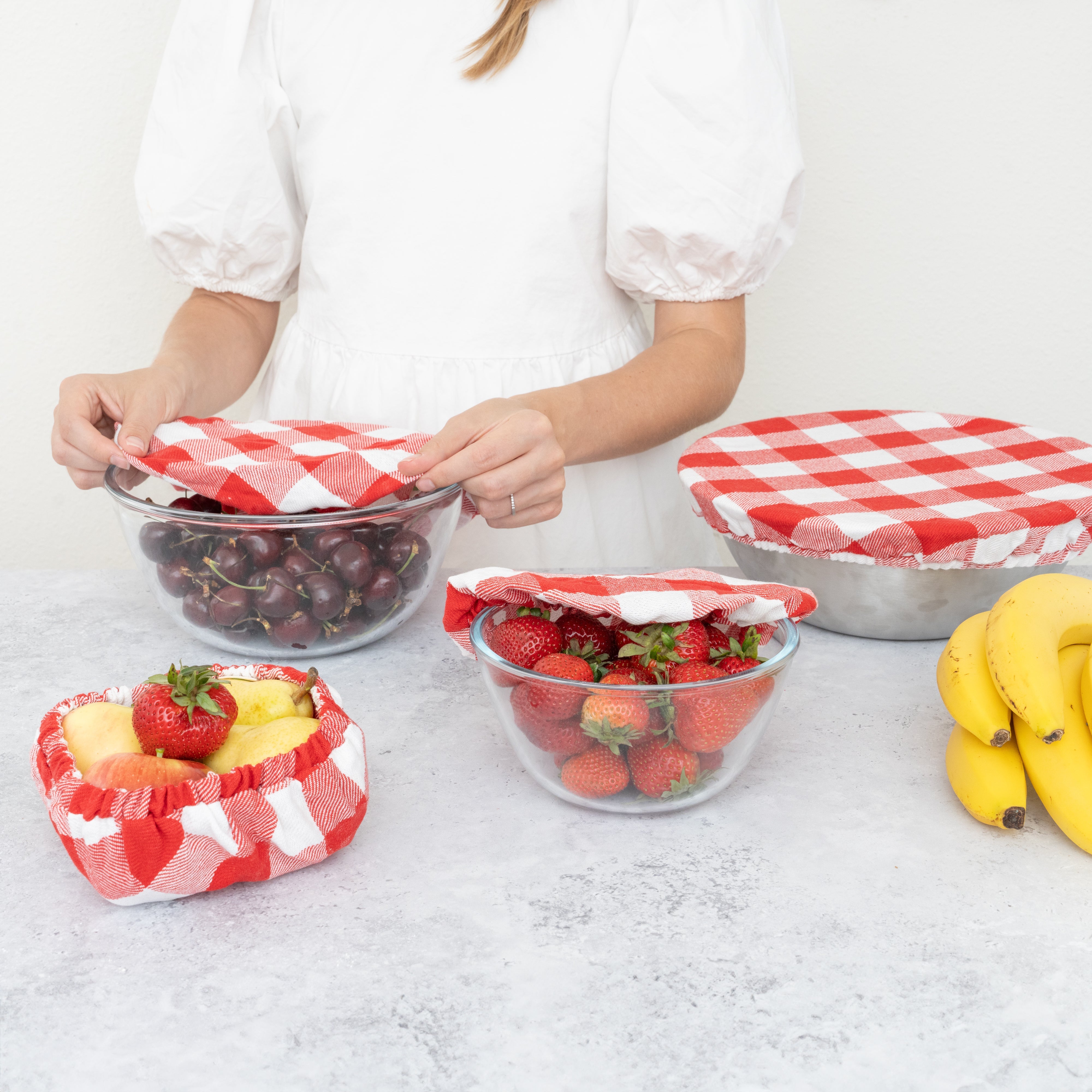 Reusable Fabric Bowl Covers - Flax Linen - Classic Check