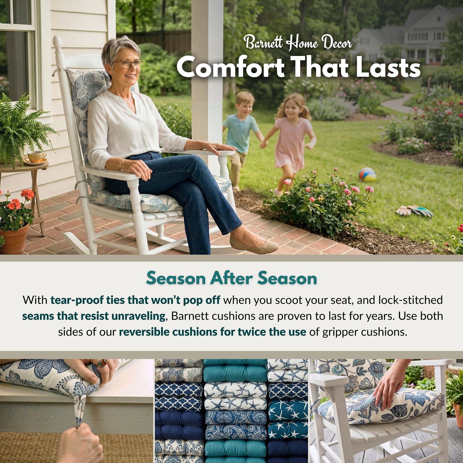 a woman sitting on barnett home decor brand porch rocker cushions with tear-proof ties