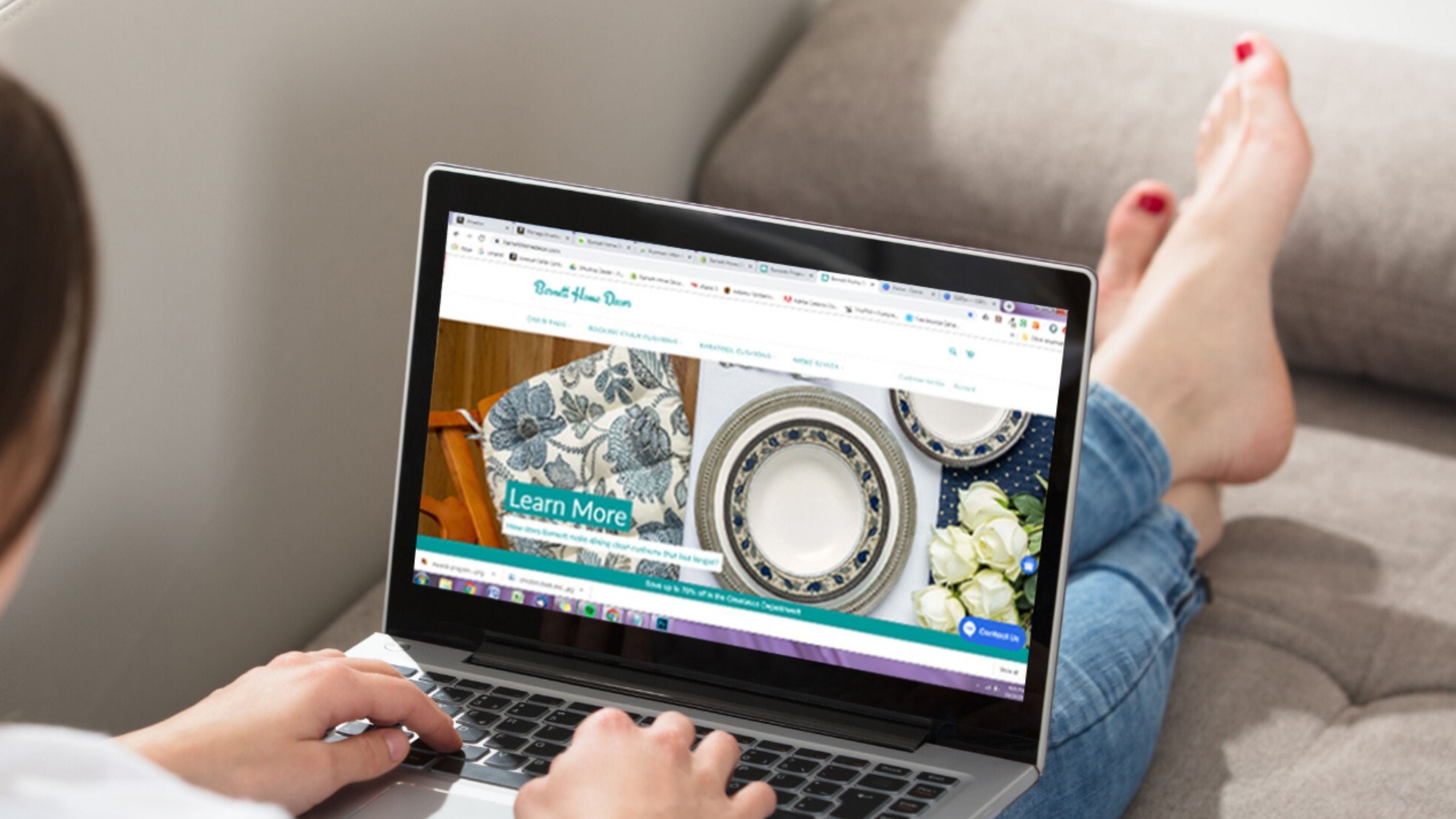 Woman browsing Barnett Home Decor Customer Service page