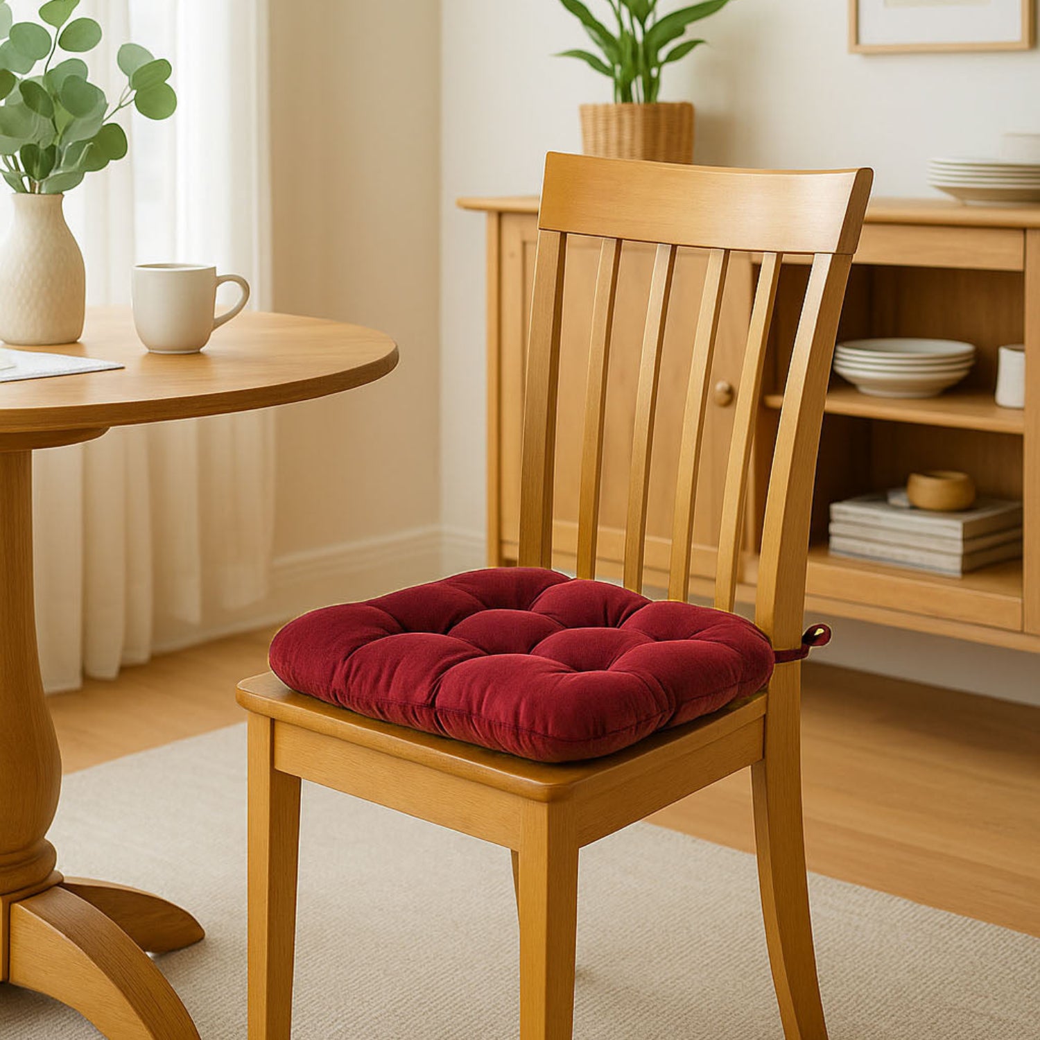 Wooden chair with a red corduroy cushion in a home setting with a table and plants.