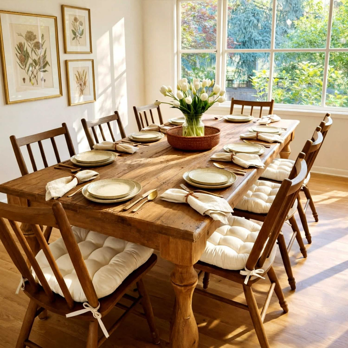 natural cotton canvas dining chair pads on traditional dining room chairs