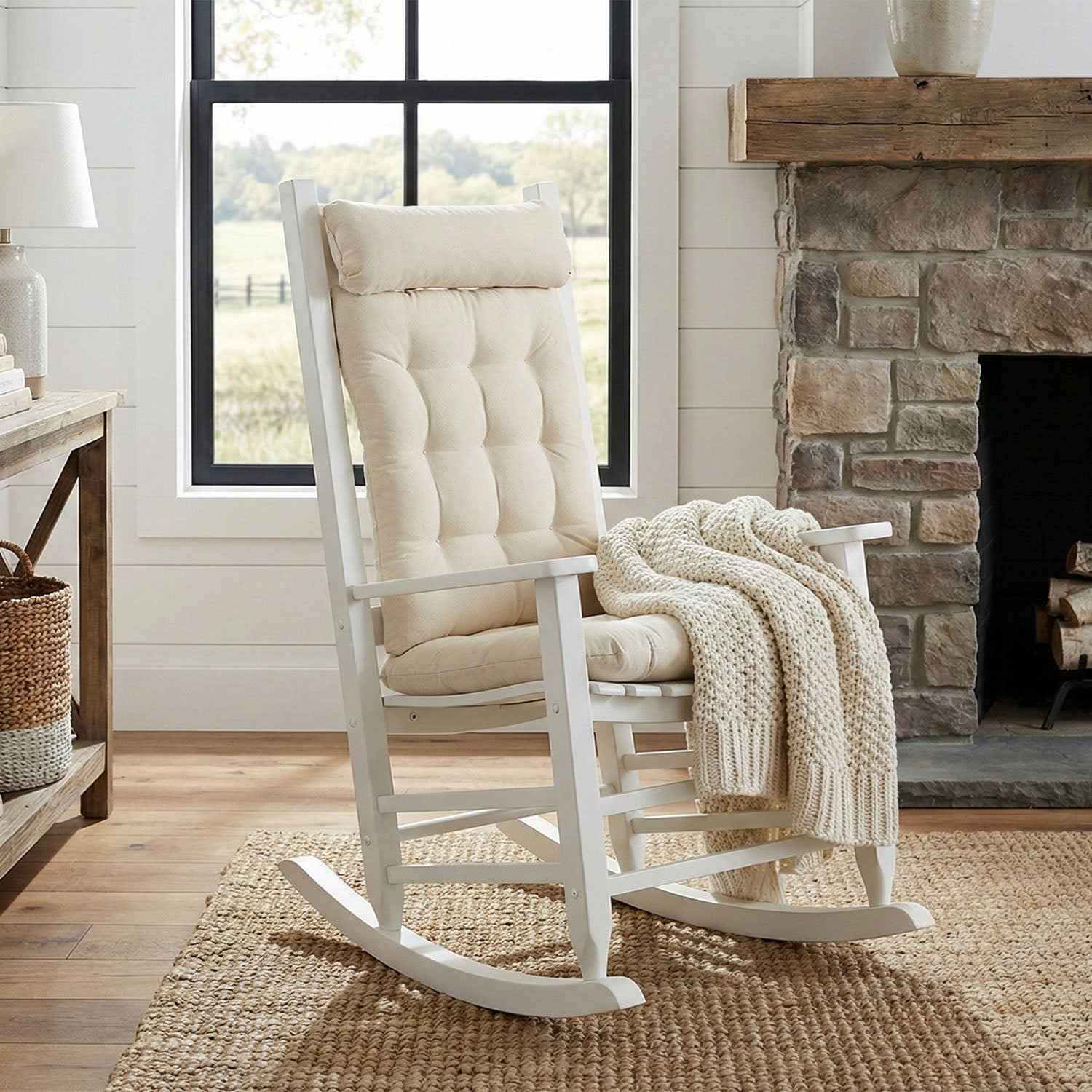 Cotton Duck Natural Rocking Chair Cushions - Never Flatten Tufted Rocker Chair Cushion Set
