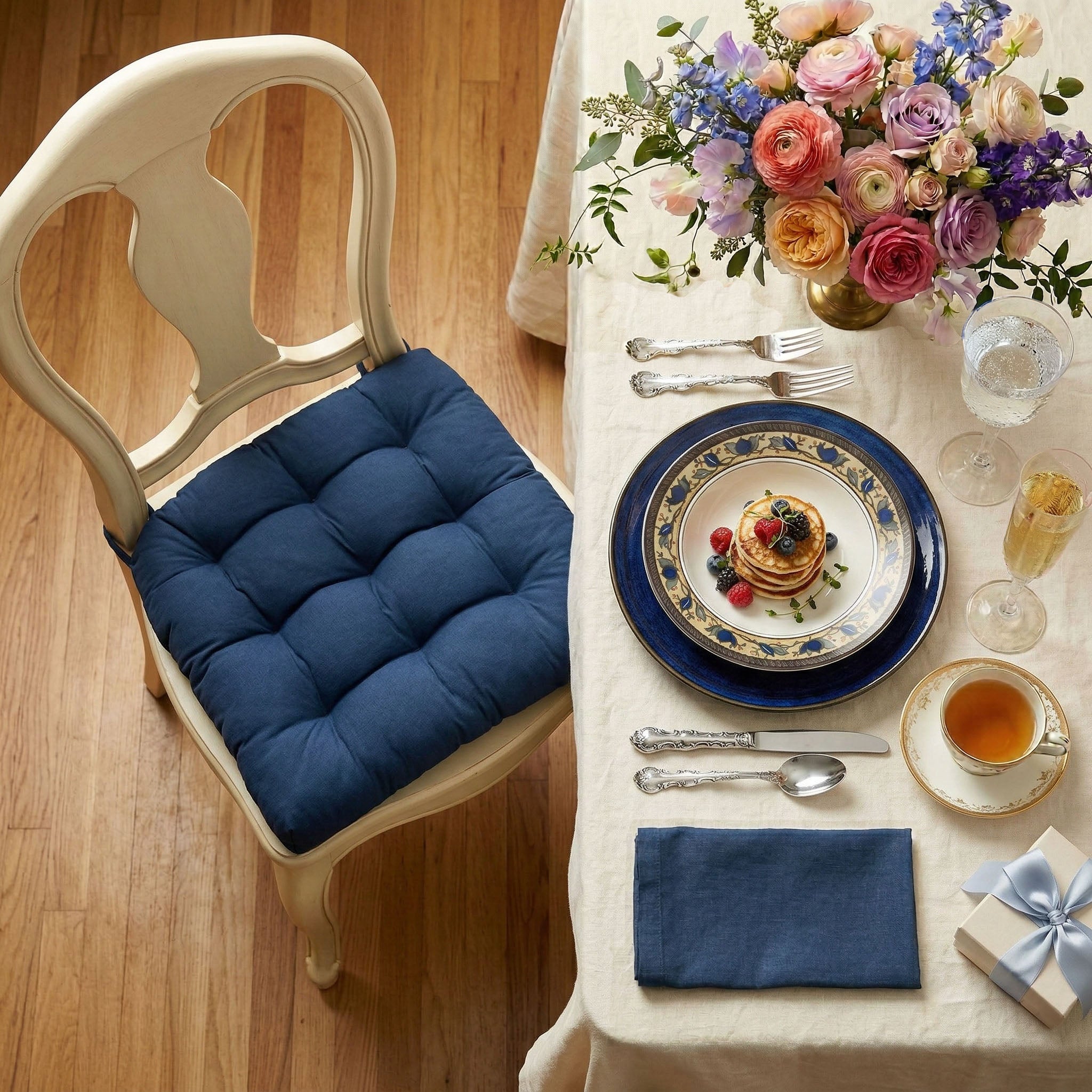 Cotton Duck Navy Blue Solid Color Dining Chair Pads - Latex Foam Fill - Reversible