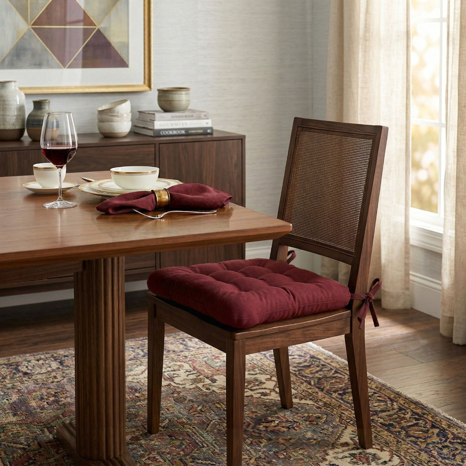 wine red dining chair cushion on wooden dining room chair