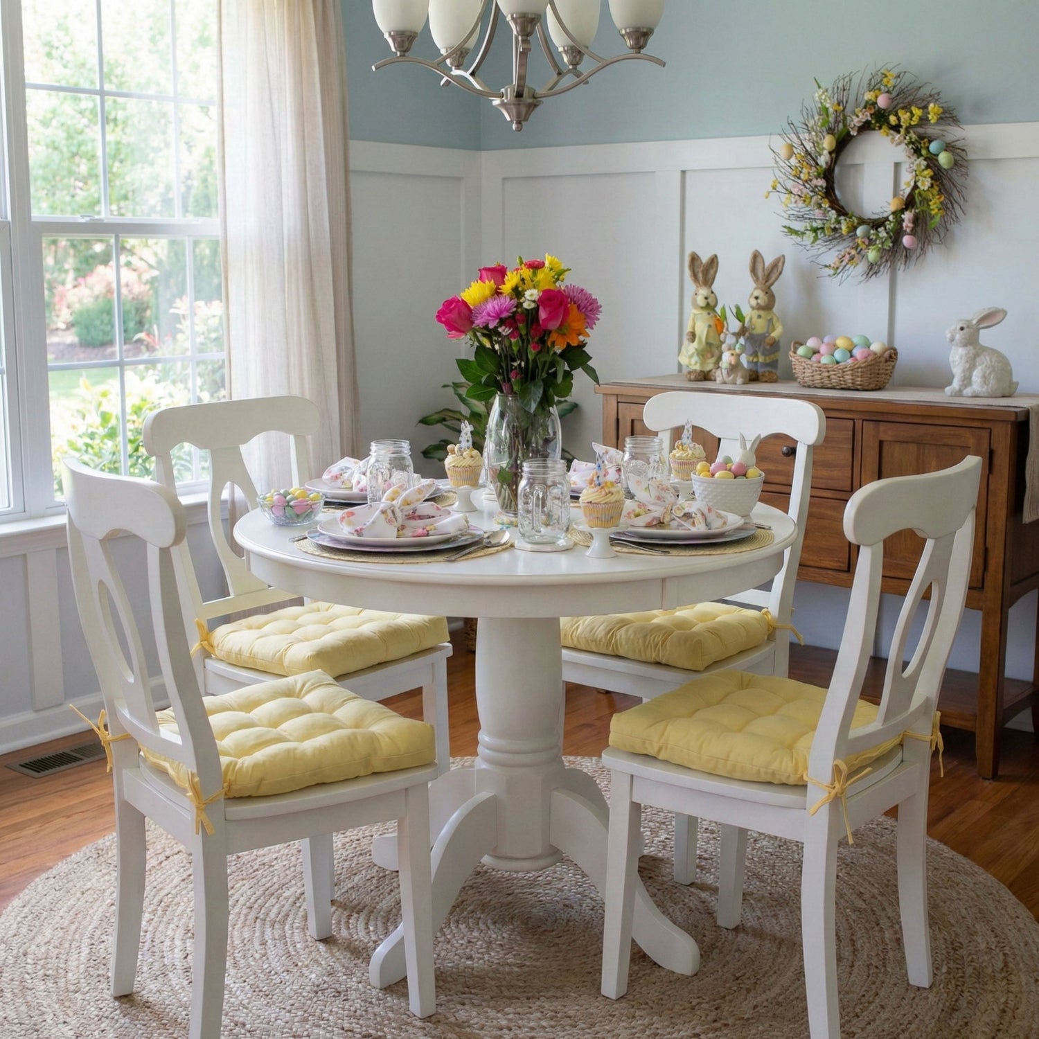 Dining room with a round table set for easter dinner, chairs with yellow cushions, and Easter decorations.