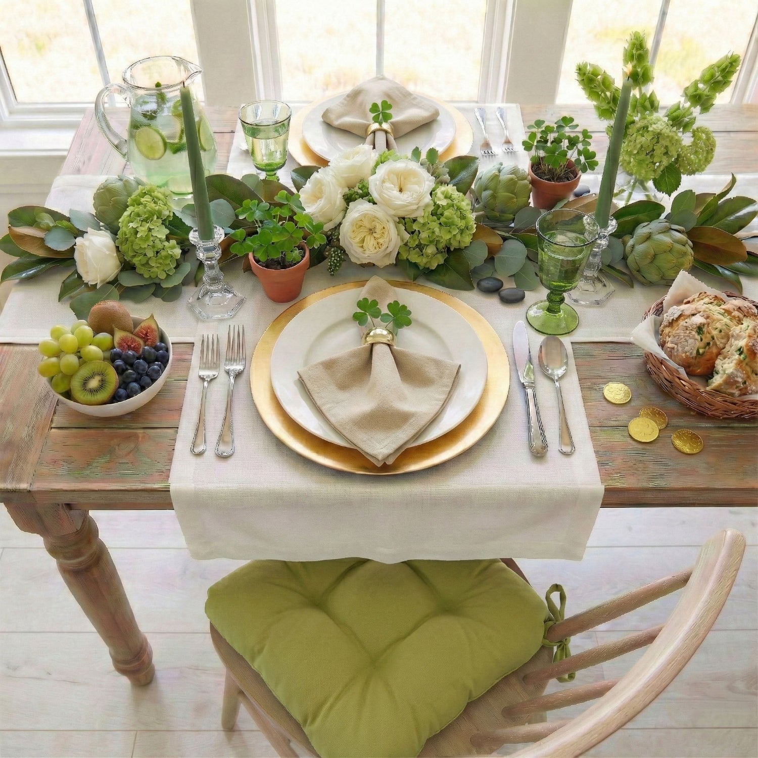 green dining chair cushion at dining room table set for st patricks day celebration