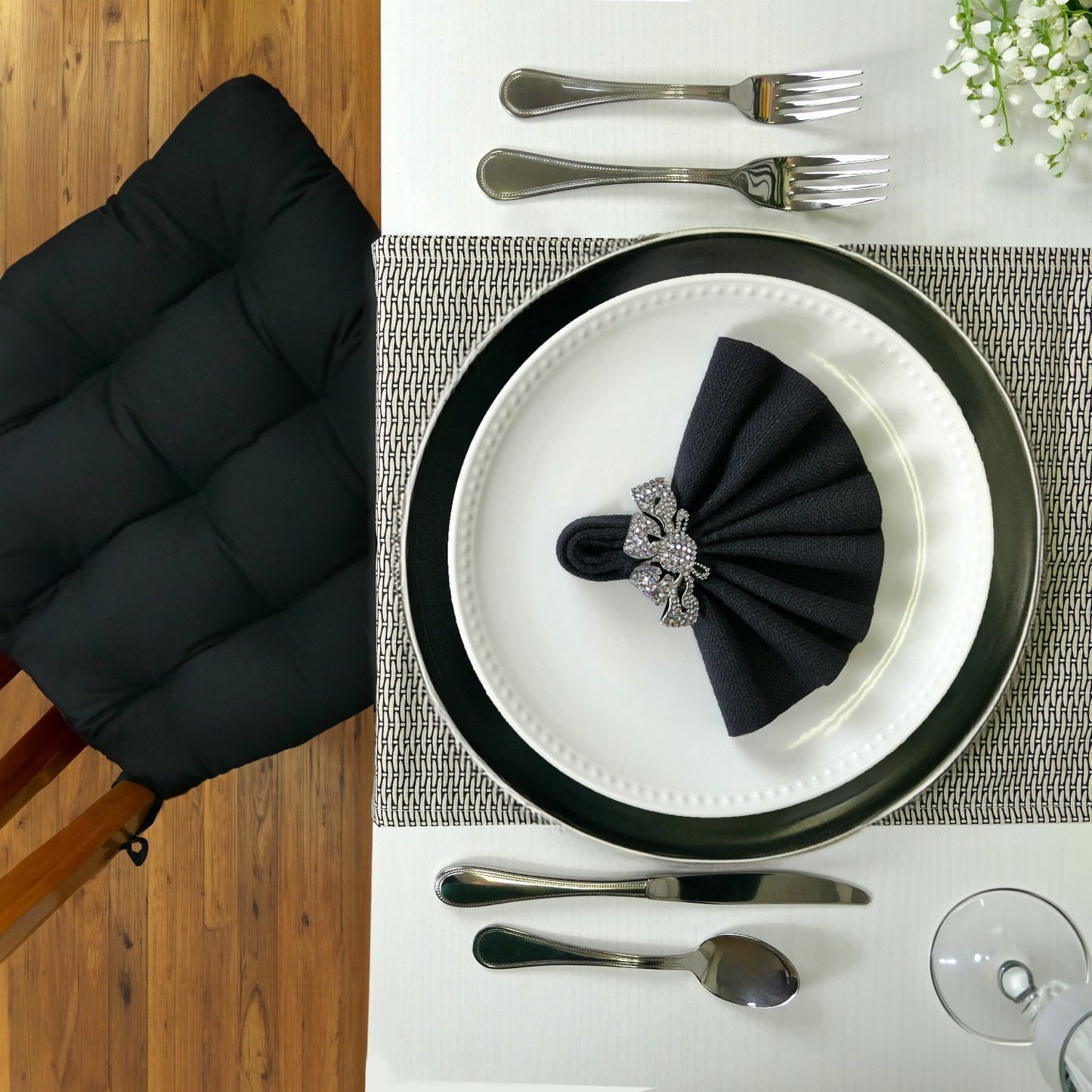 basketweave black table runner with coordinating chair pad