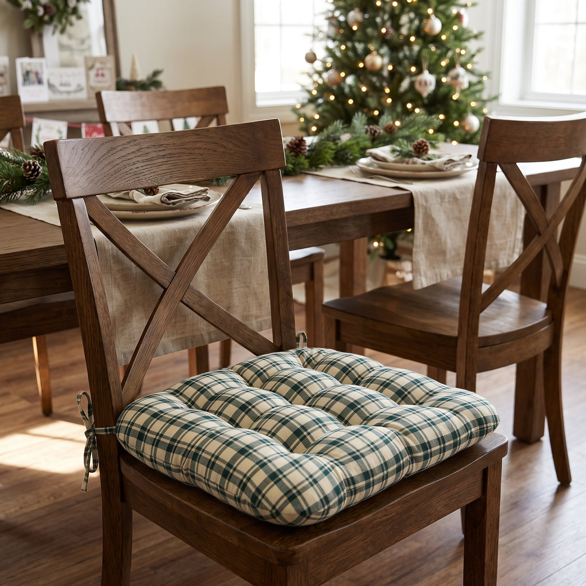 Montgomery Green Natural Plaid Dining Chair Pads - Never Flatten Chair Cushion