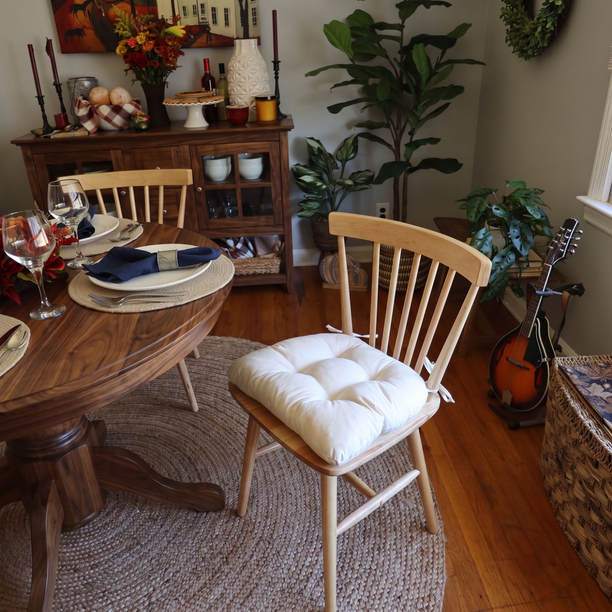 thick chair pad made from natural cotton in country dining room decorated for fall