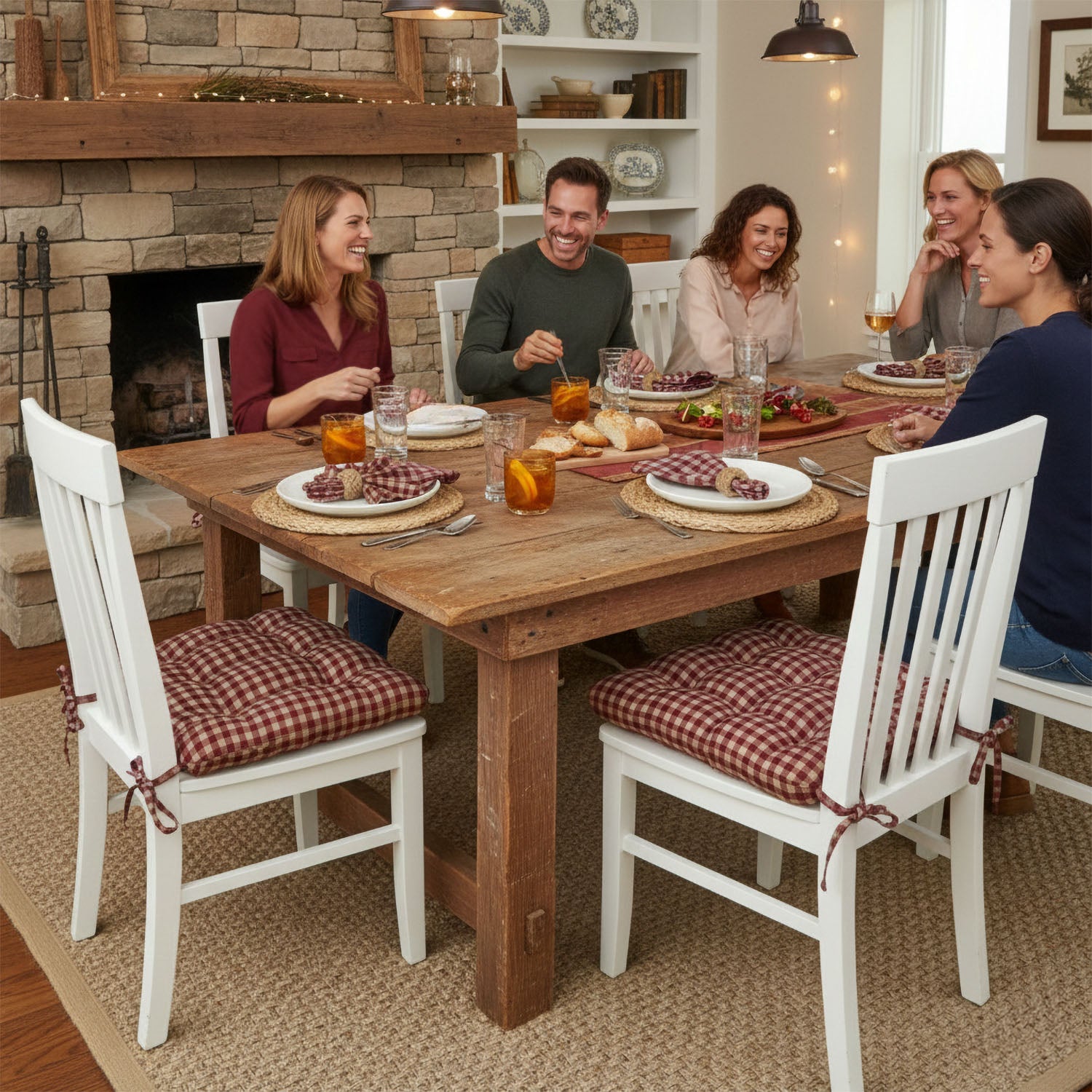 Farmhouse Check Dark Red & Tan Dining Chair Pads - Latex Foam Fill