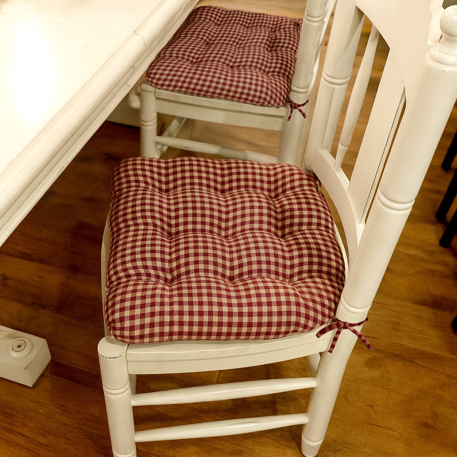 Farmhouse Check Dark Red & Tan Dining Chair Pads - Latex Foam Fill