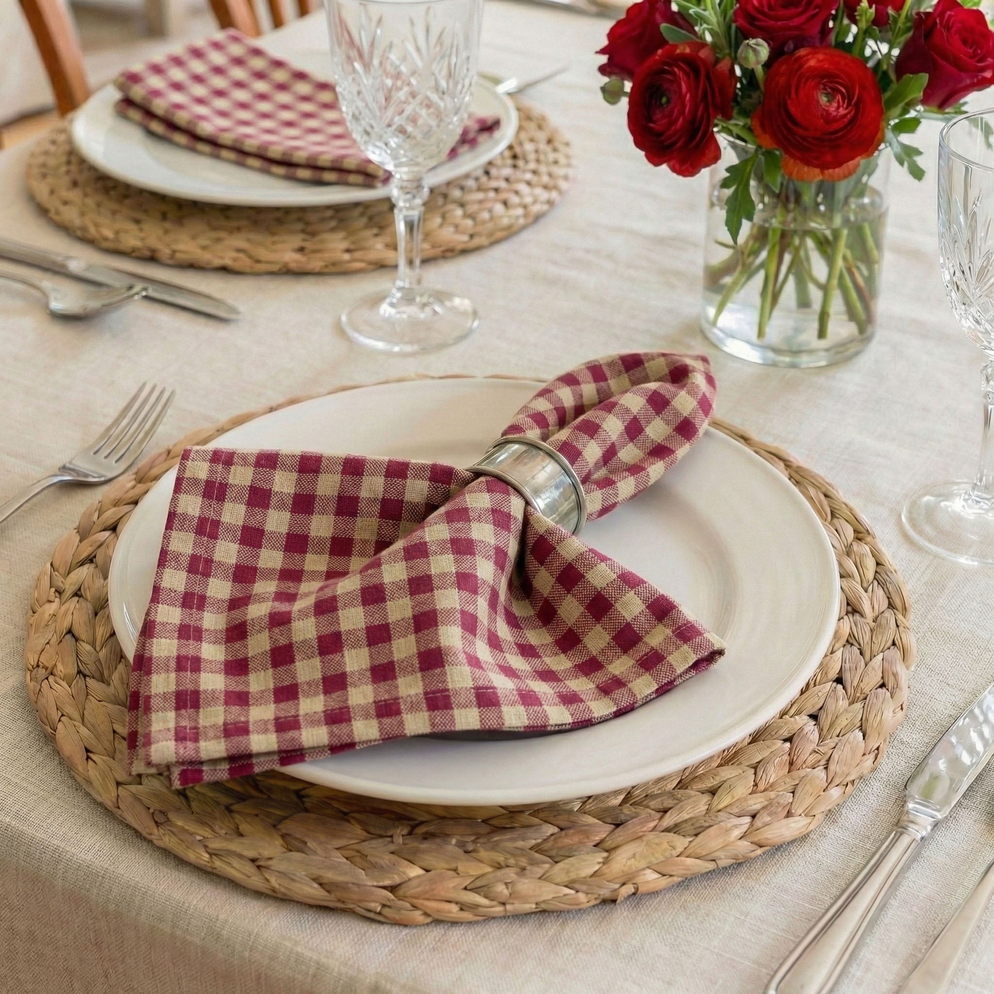 Farmhouse Check Dark Red and Tan Cloth Napkins Set of 4 or Set of 8