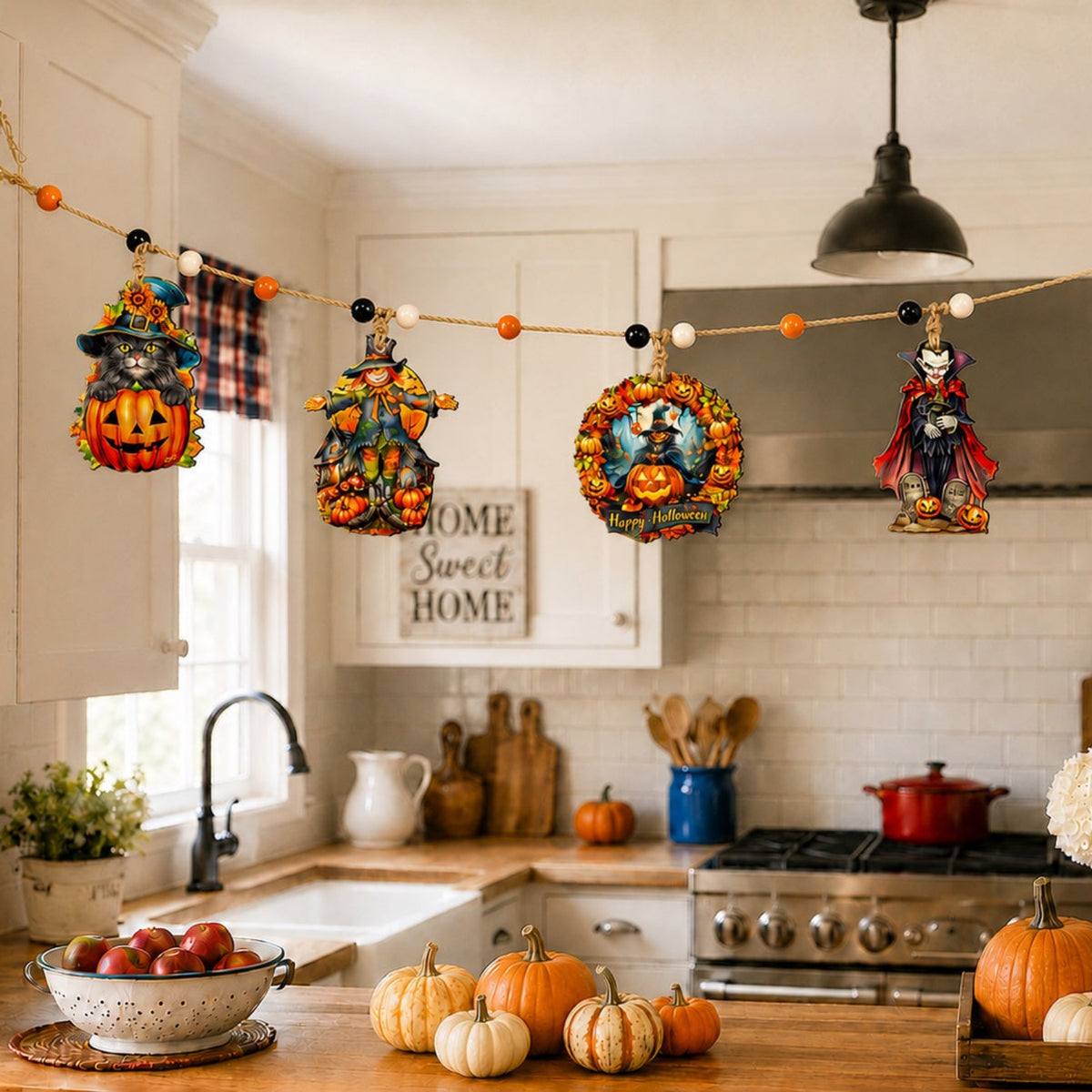 a halloween holiday garland stretches across a country kitchen with pumpkins black cats and spooky characters