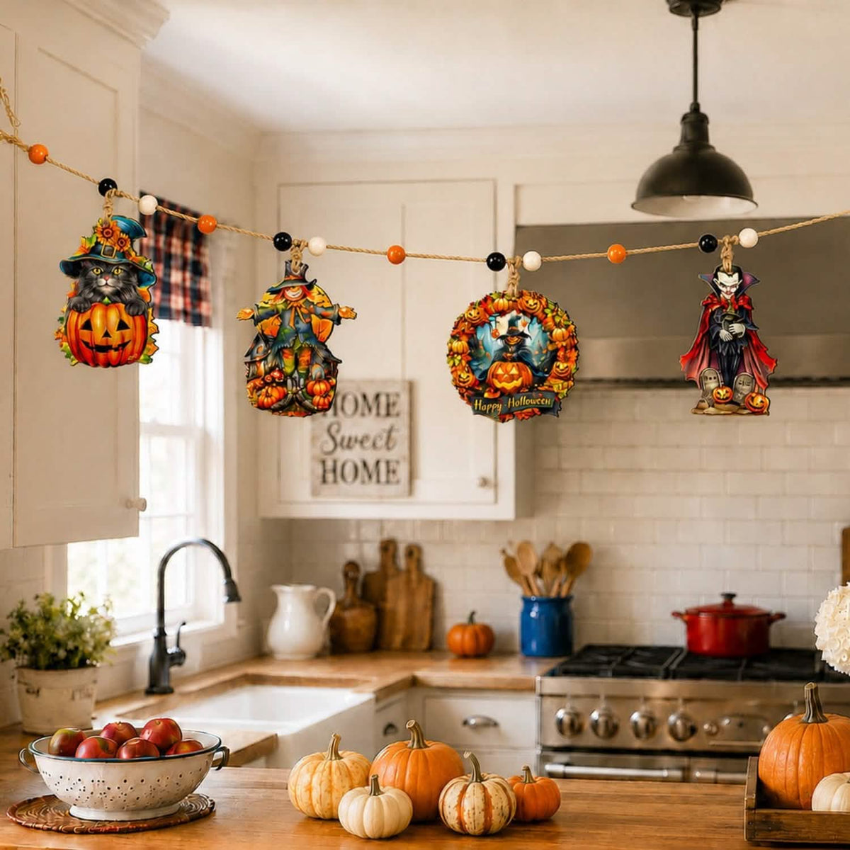 a halloween holiday garland stretches across a country kitchen with pumpkins black cats and spooky characters
