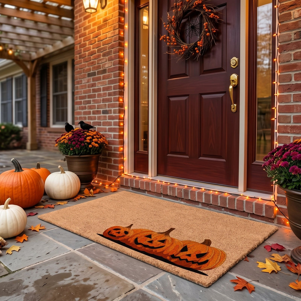jack o lantern pumpkins on a choir doormat of the porch decorated for halloween