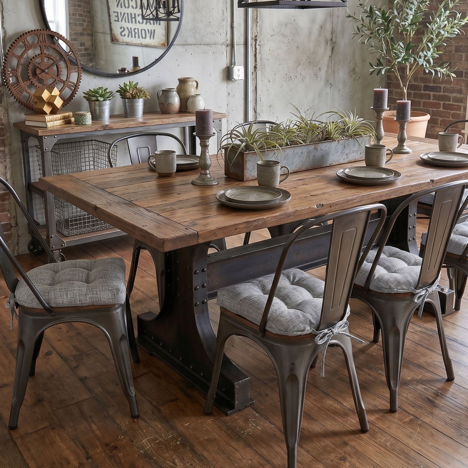 metal chair cushions in an industrial loft dining area