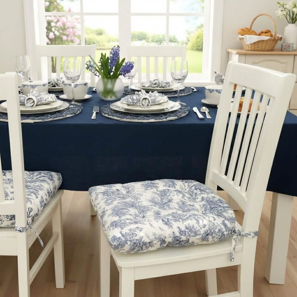 Jamille Toile Blue Dining Chair Pads - Latex Foam Fill - Made in USA - 100% Cotton