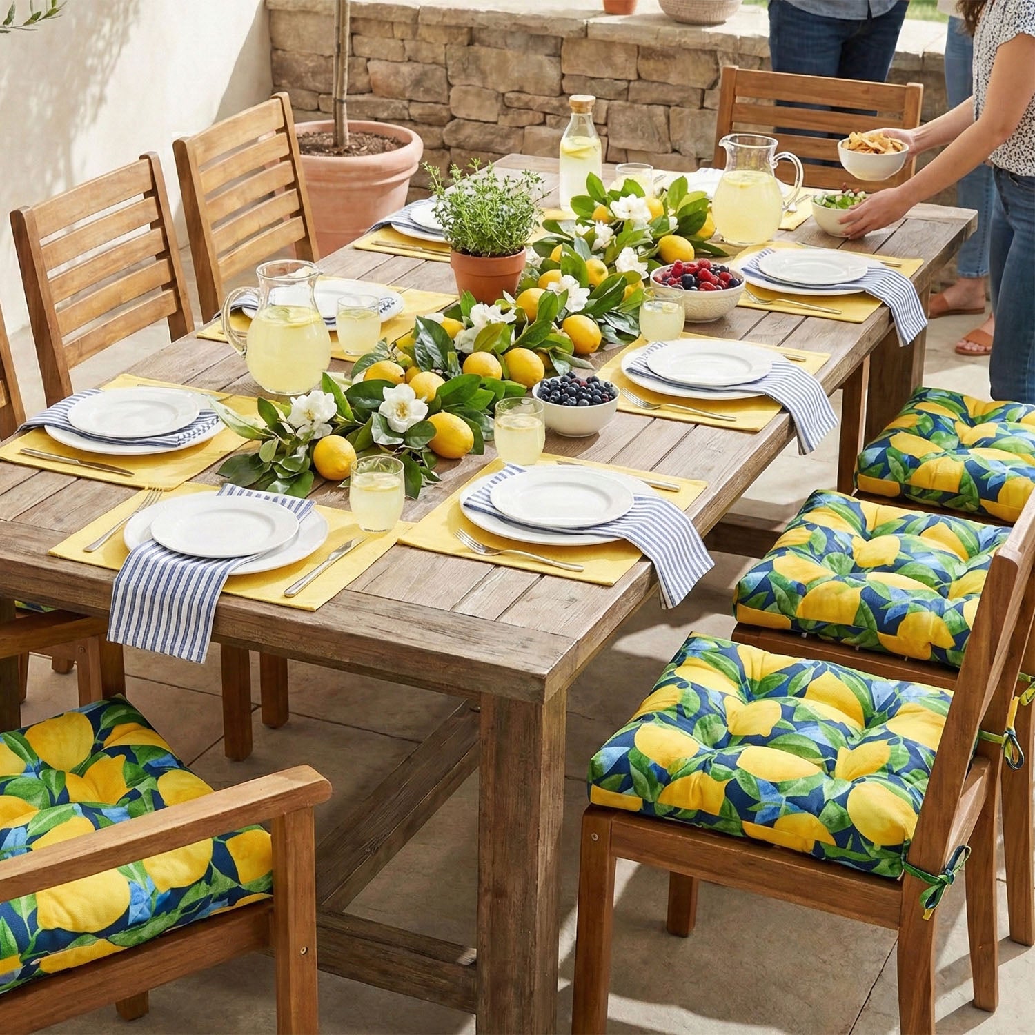 Lemons Blue Indoor / Outdoor Dining Chair Cushions - Latex Foam Fill