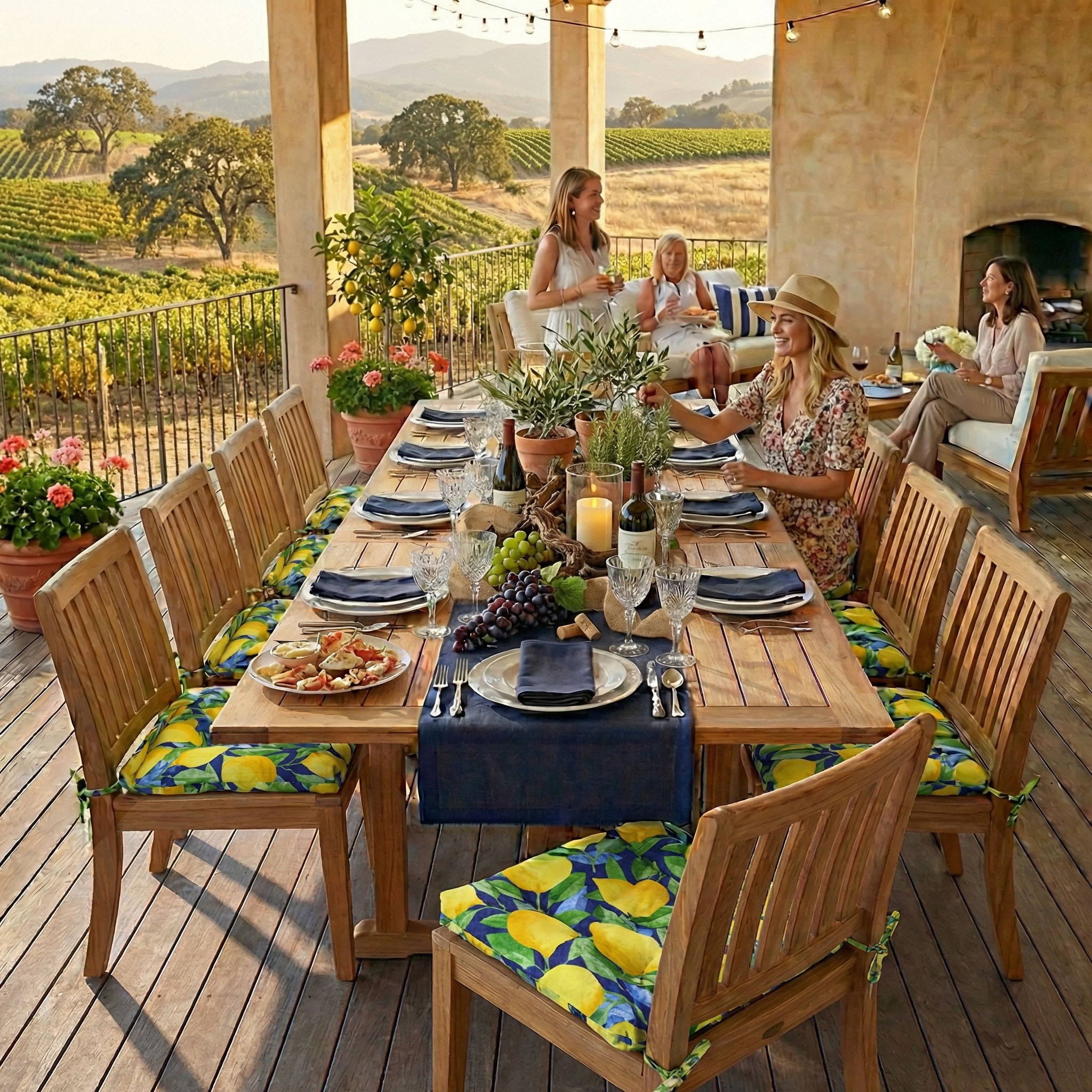 Lemons Blue Indoor / Outdoor Dining Chair Cushions - Latex Foam Fill