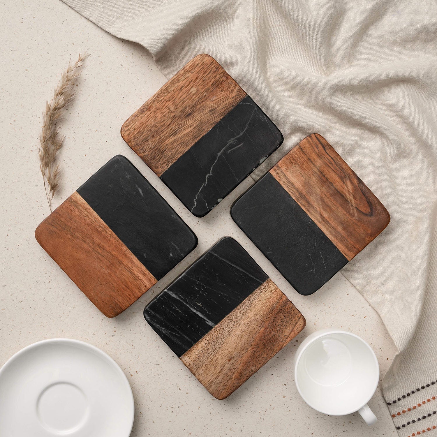 Black Artisan Marble & Wood Coasters - Set of 4, Square