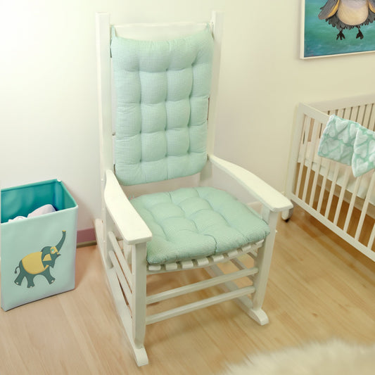 aqua rocking chair cushions in the nursery with turquoise gingham print on white rocker