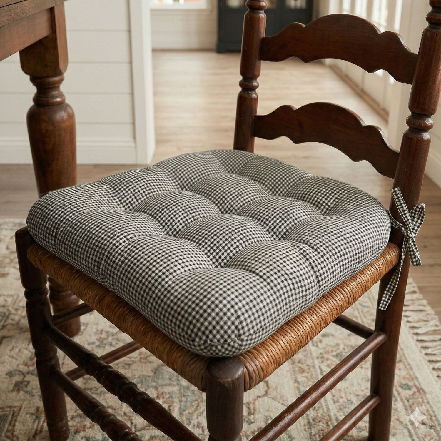 Madrid Black Gingham dining chair cushions showing reversible pattern and latex foam fill construction