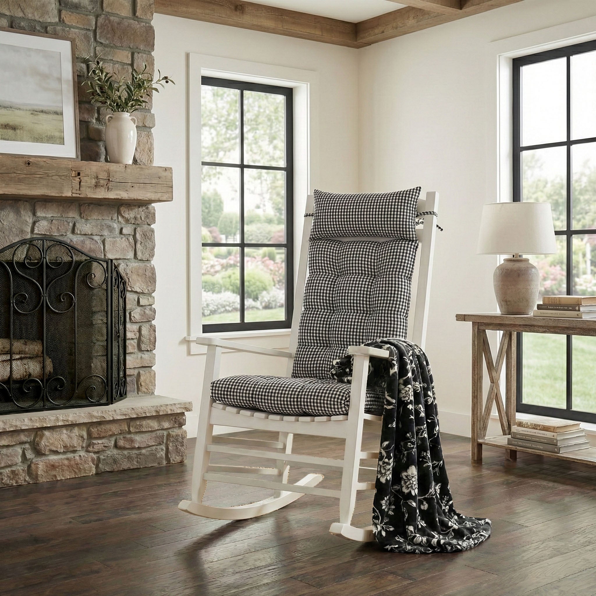 Madrid Black Gingham Rocking Chair Cushions - Latex Fill - Reversible