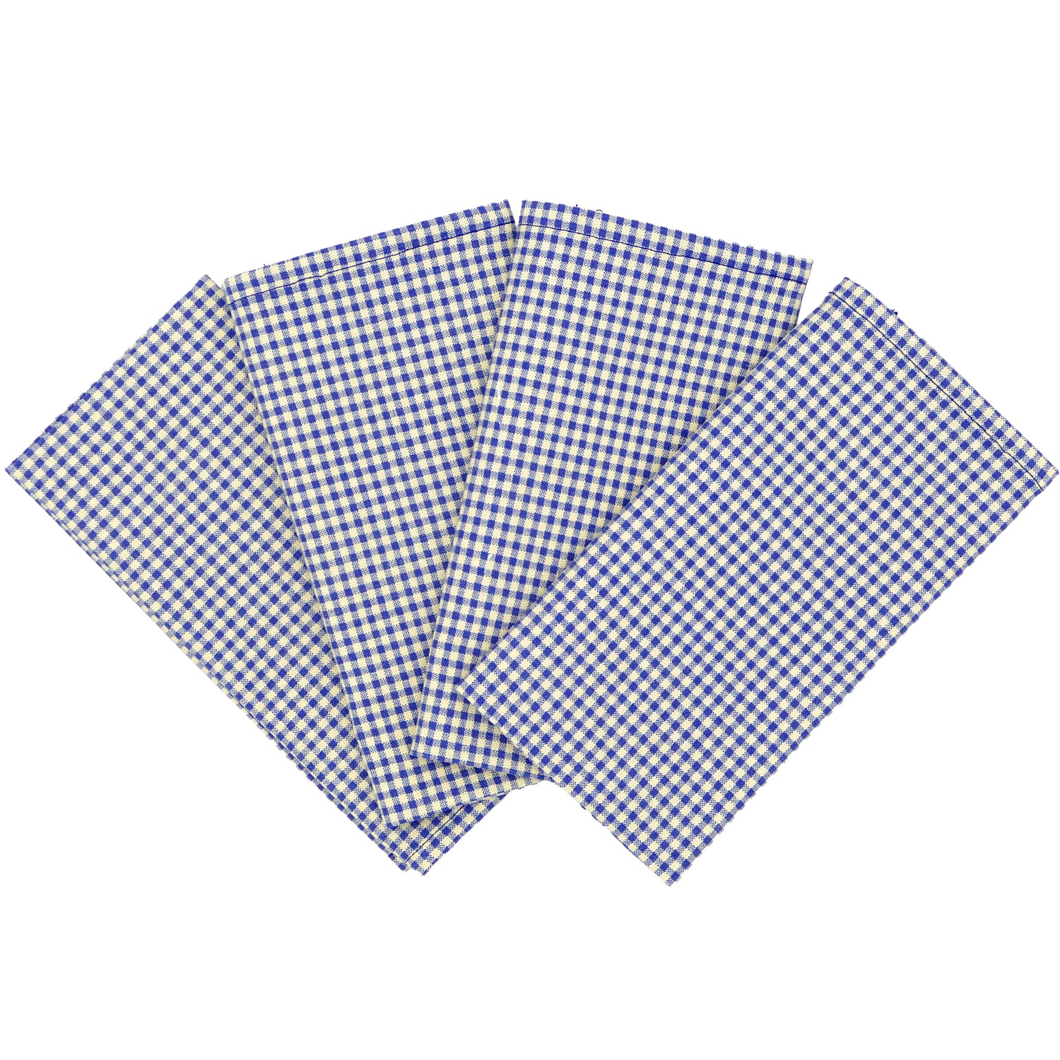 Four blue and white checkered napkins on a white background