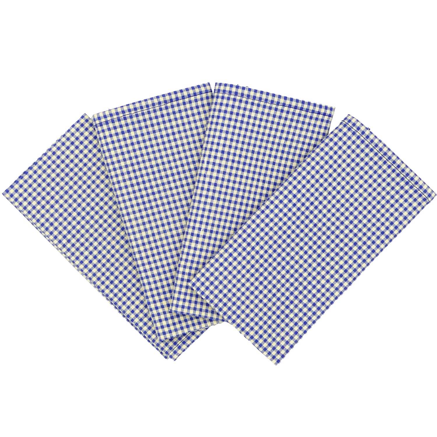 Four blue and white checkered napkins on a white background