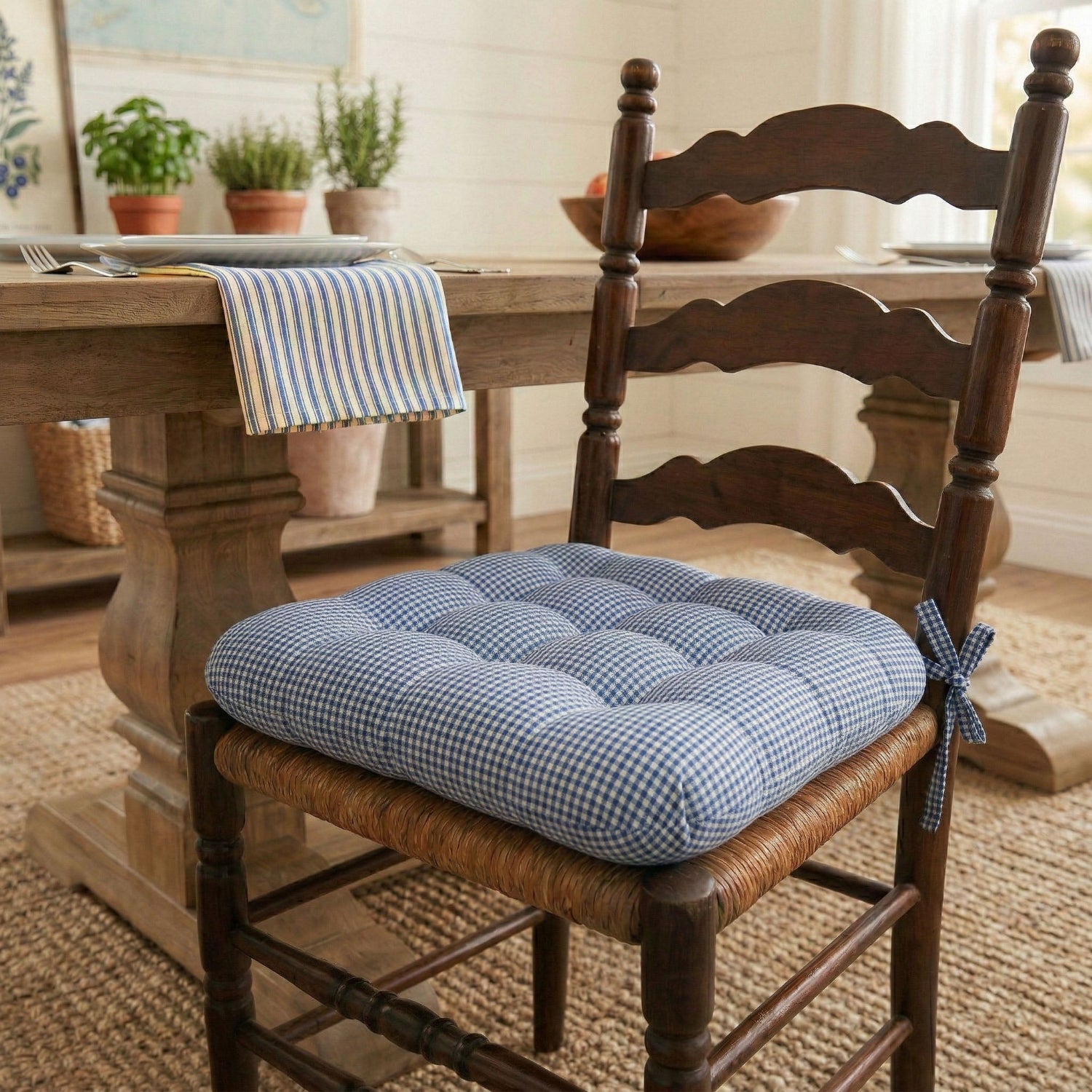 blue gingham dining chair cushion on ladderback dining room chair