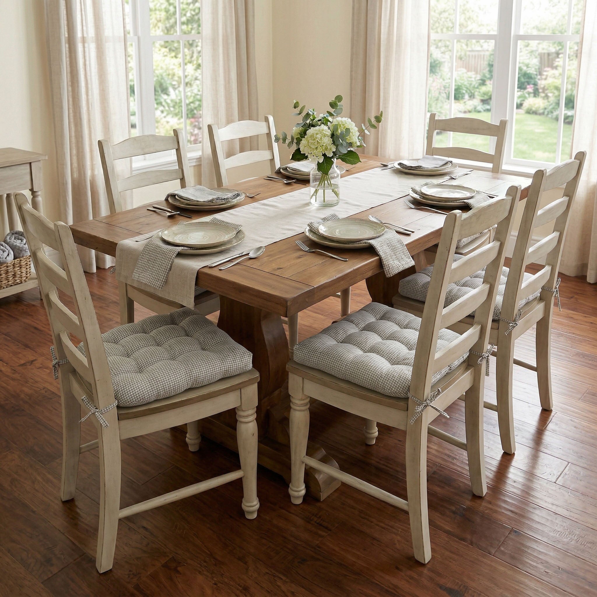 grey gingham dining chair cushions on white dining room chairs
