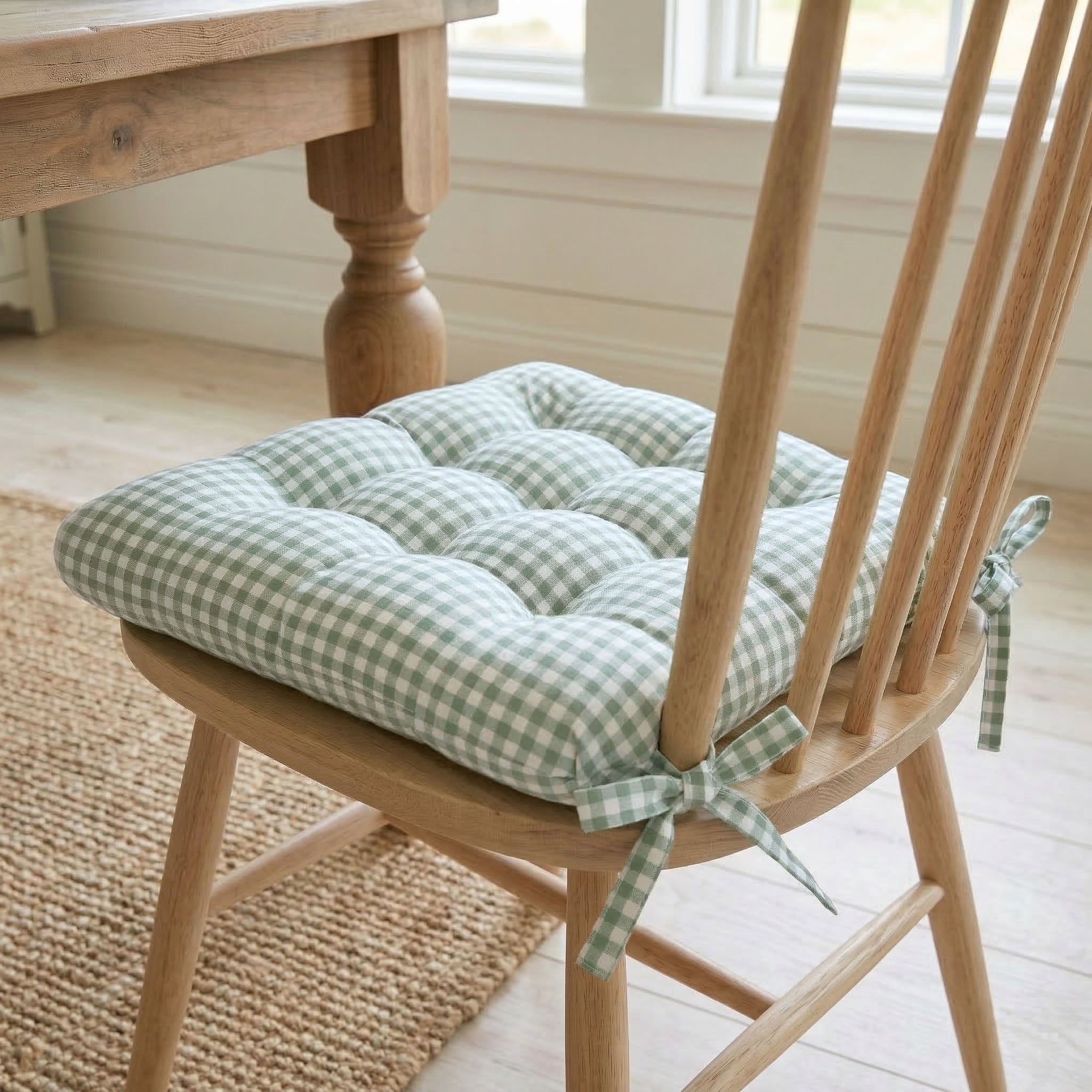 Madrid Sage Green Gingham Dining Chair Pads - Latex Foam Fill, Reversible