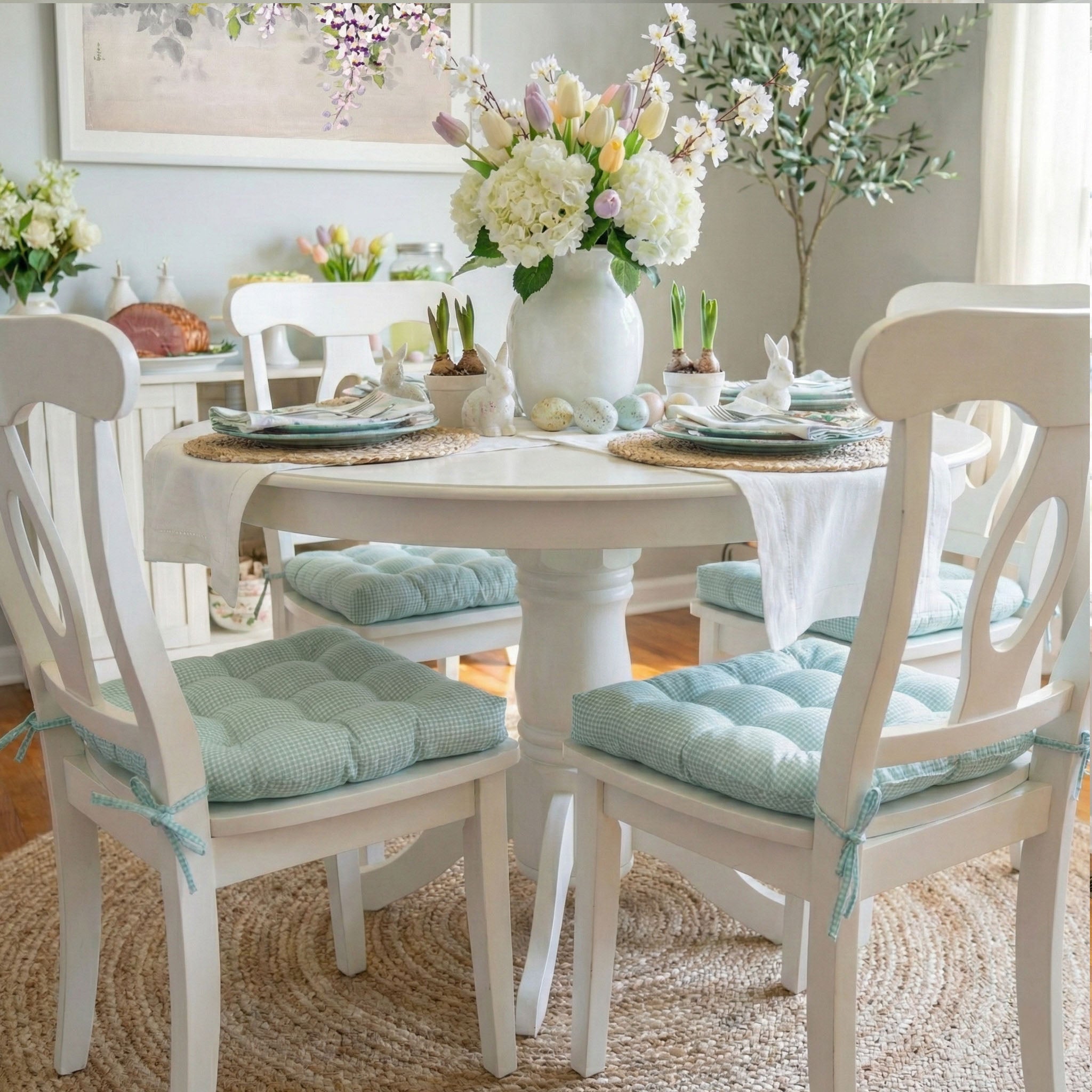 turquoise checked dining room chair cushions with pioneer woman plates in farmhouse kitchen with lemons and aqua theme