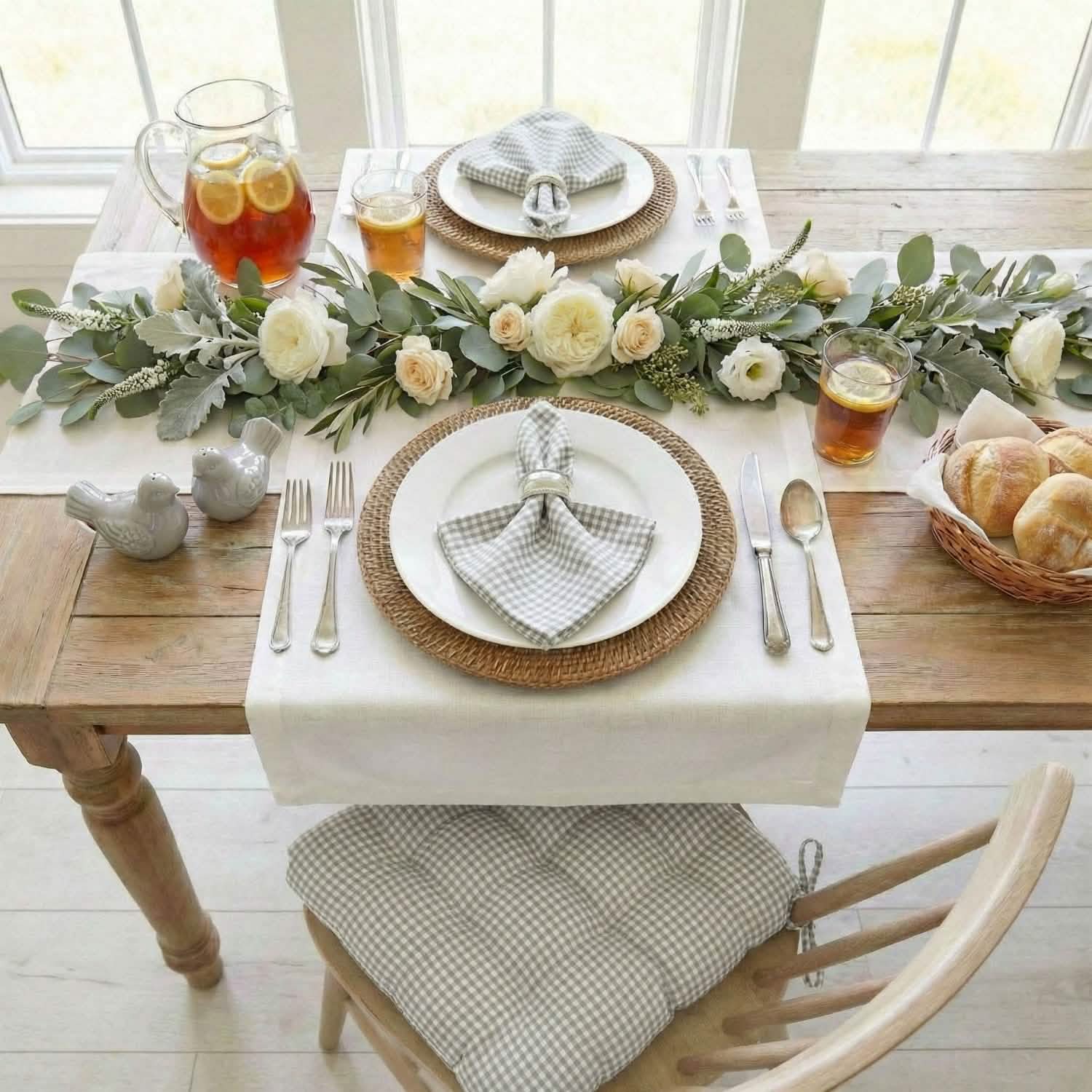 grey gingham chair cushions and napkins in a rustic dining room