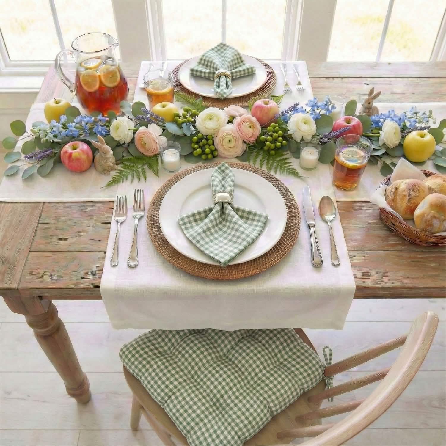 green gingham dining chair cushions and matching cloth napkins on a dining table set for easter