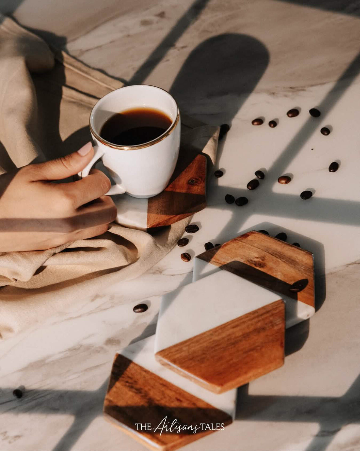 White Marble & Wood Coasters - Set of 4, Hexagon