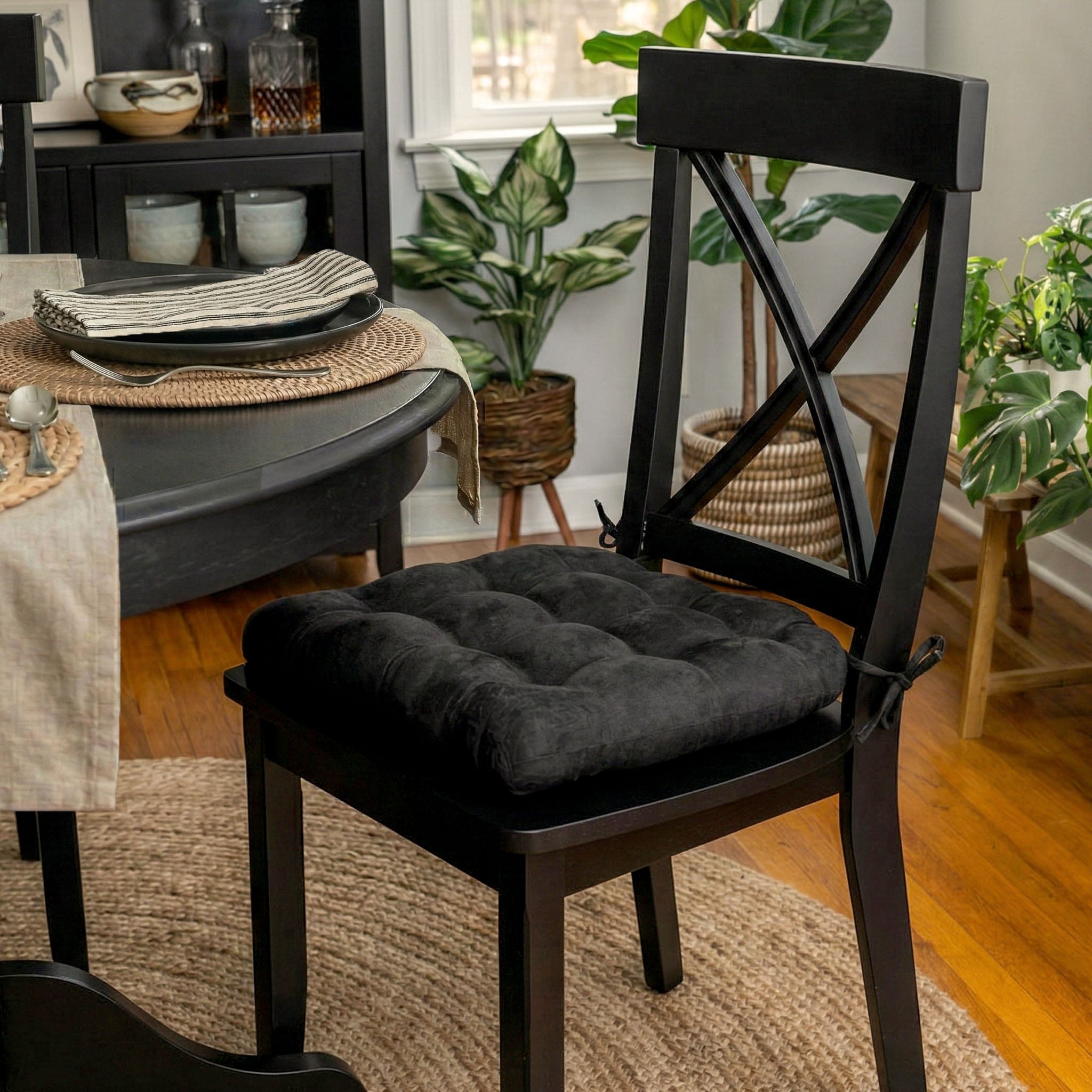 black vegan suede dining chair pad in formal dining room