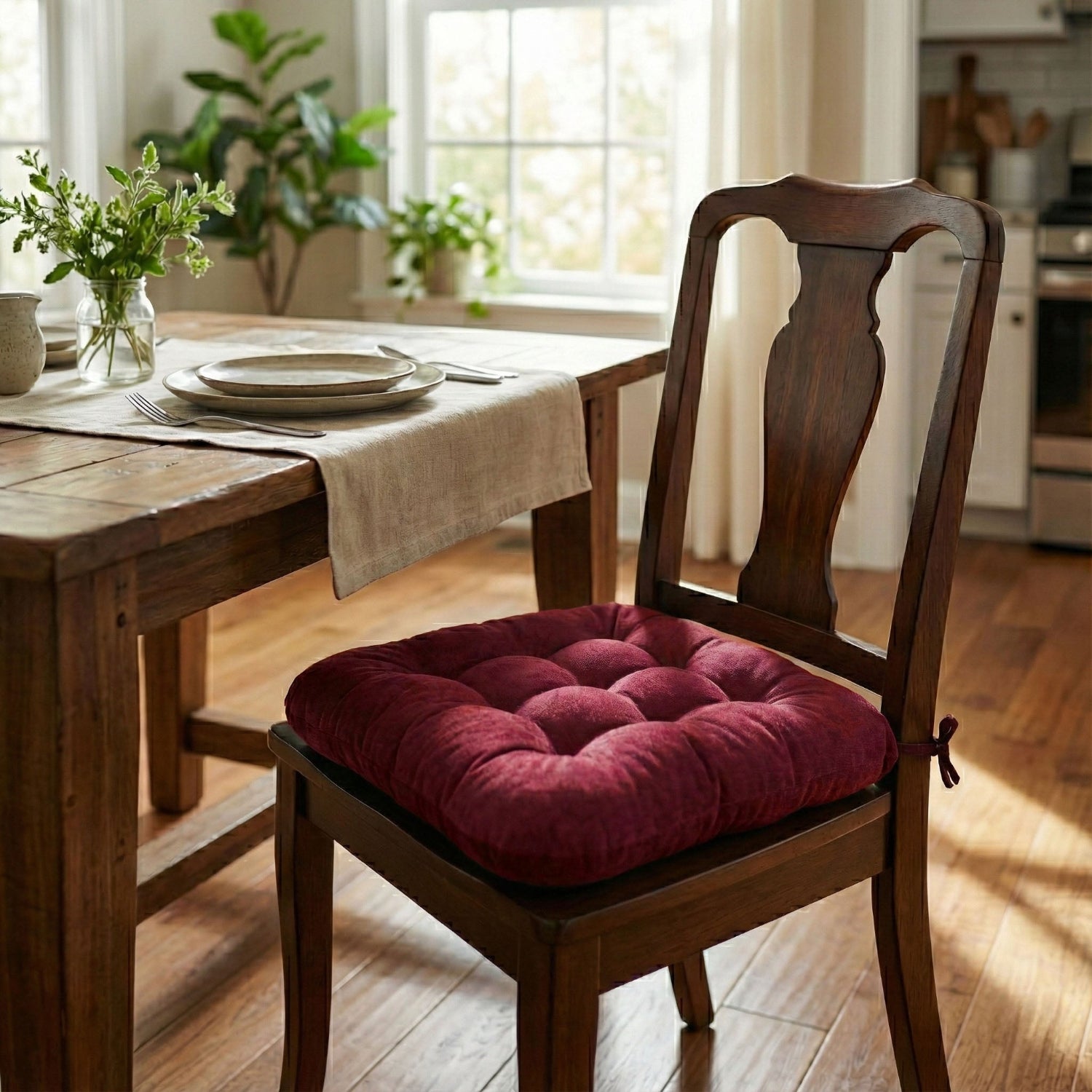 faux suede dining chair cushion on wooden dining room chair