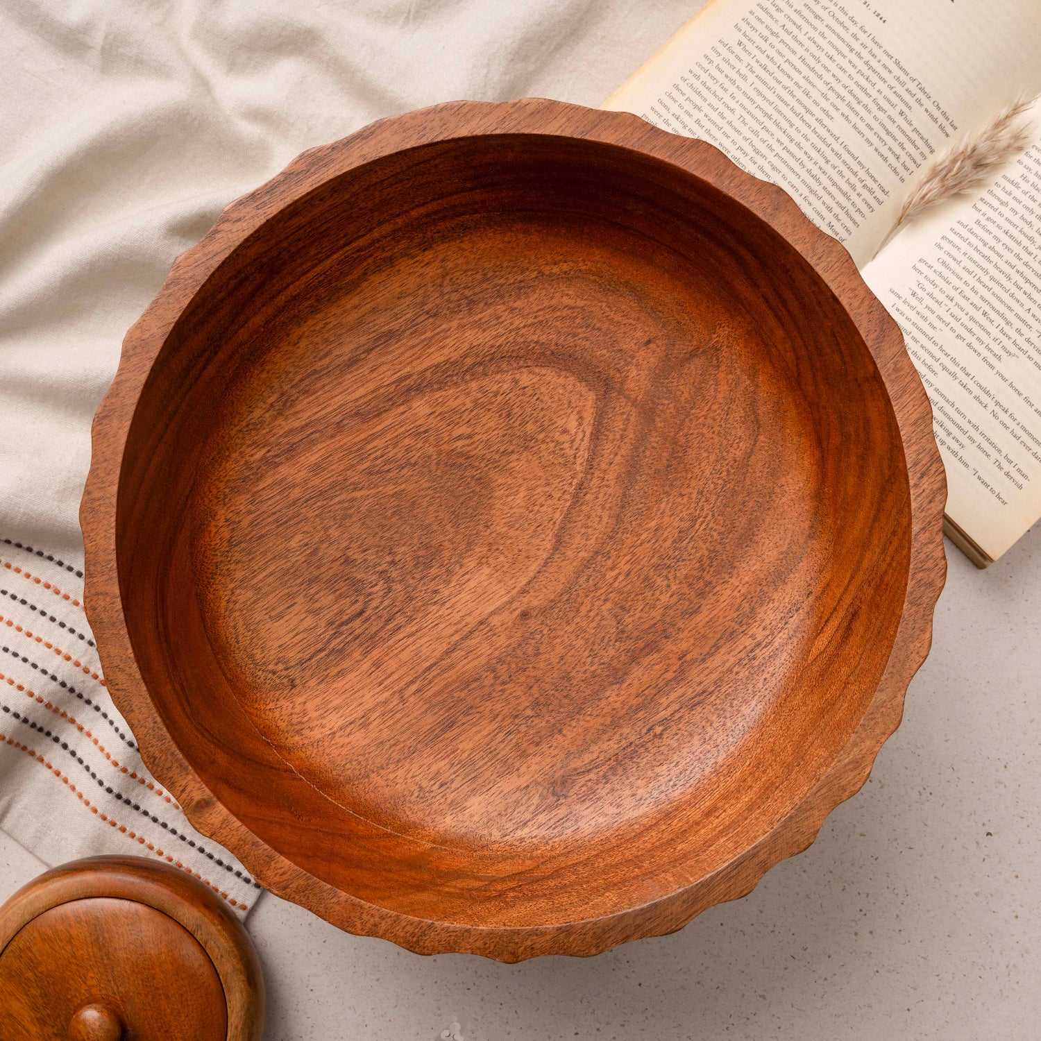 Natural Acacia Bowl - Footed, Fluted Carved Sides