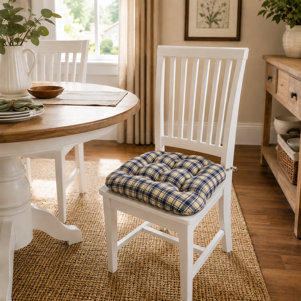Montgomery Blue Natural Plaid Dining Chair Pads - Never Flatten Chair Cushion
