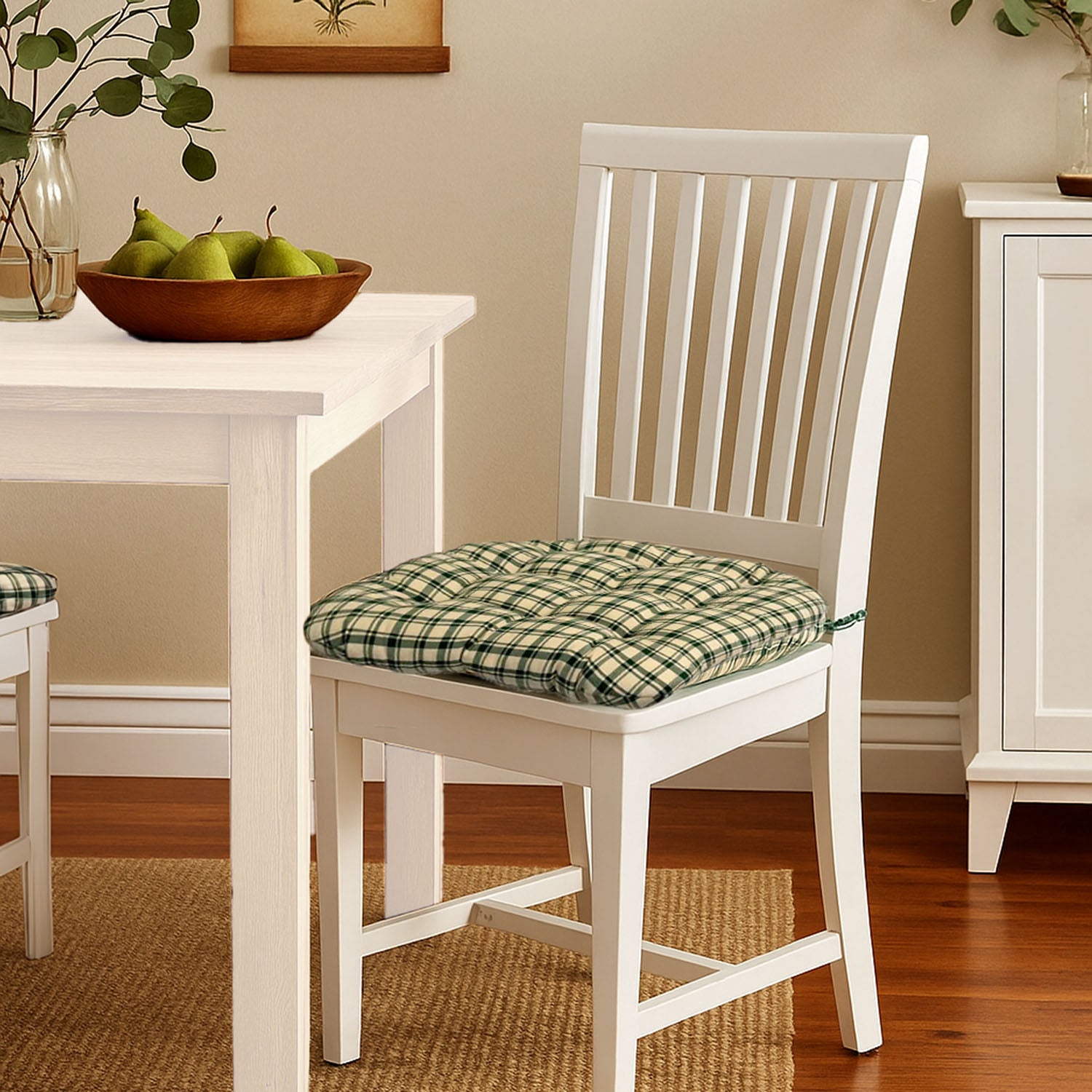 Montgomery Green Natural Plaid Dining Chair Pads - Never Flatten Chair Cushion