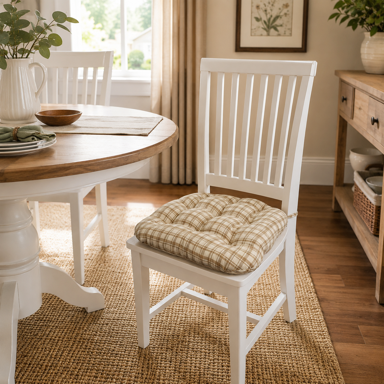Montgomery Beige Natural Plaid Dining Chair Pads - Never Flatten Chair Cushion Tan