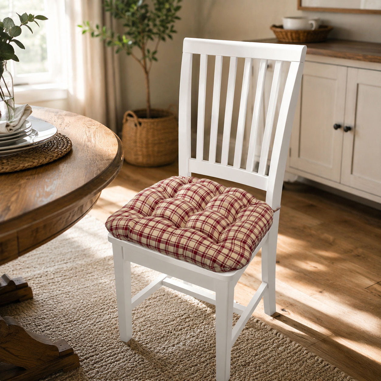 Montgomery Red Natural Plaid Dining Chair Pads - Never Flatten Chair Cushion
