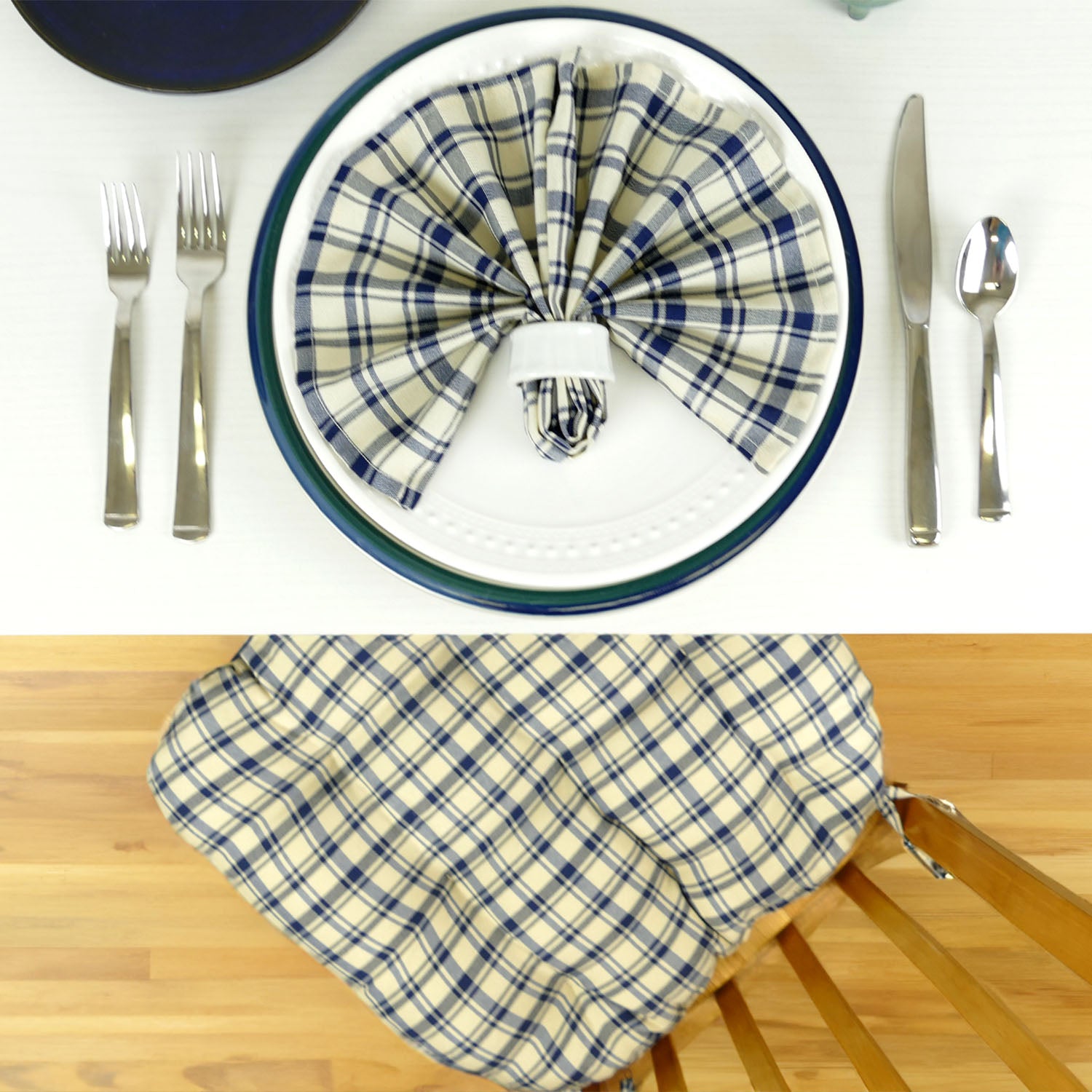 Montgomery Blue Natural Plaid Dining Chair Pads - Never Flatten Chair Cushion