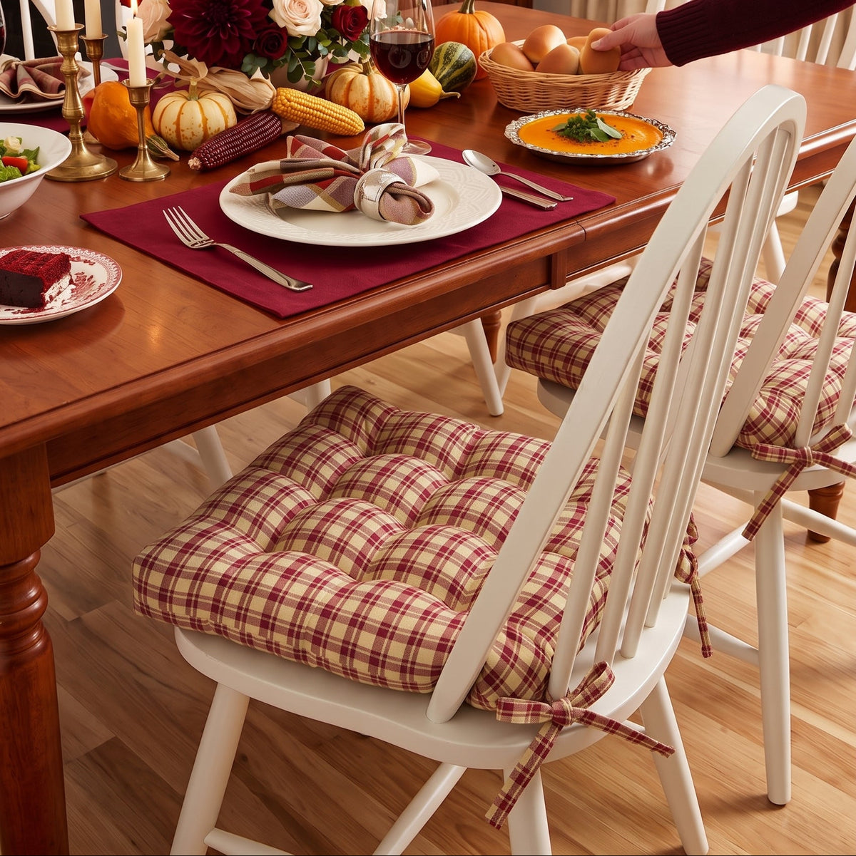 red plaid chair pads in dining room decorated for fall or thanksgiving cushions with ties on windsor chairs