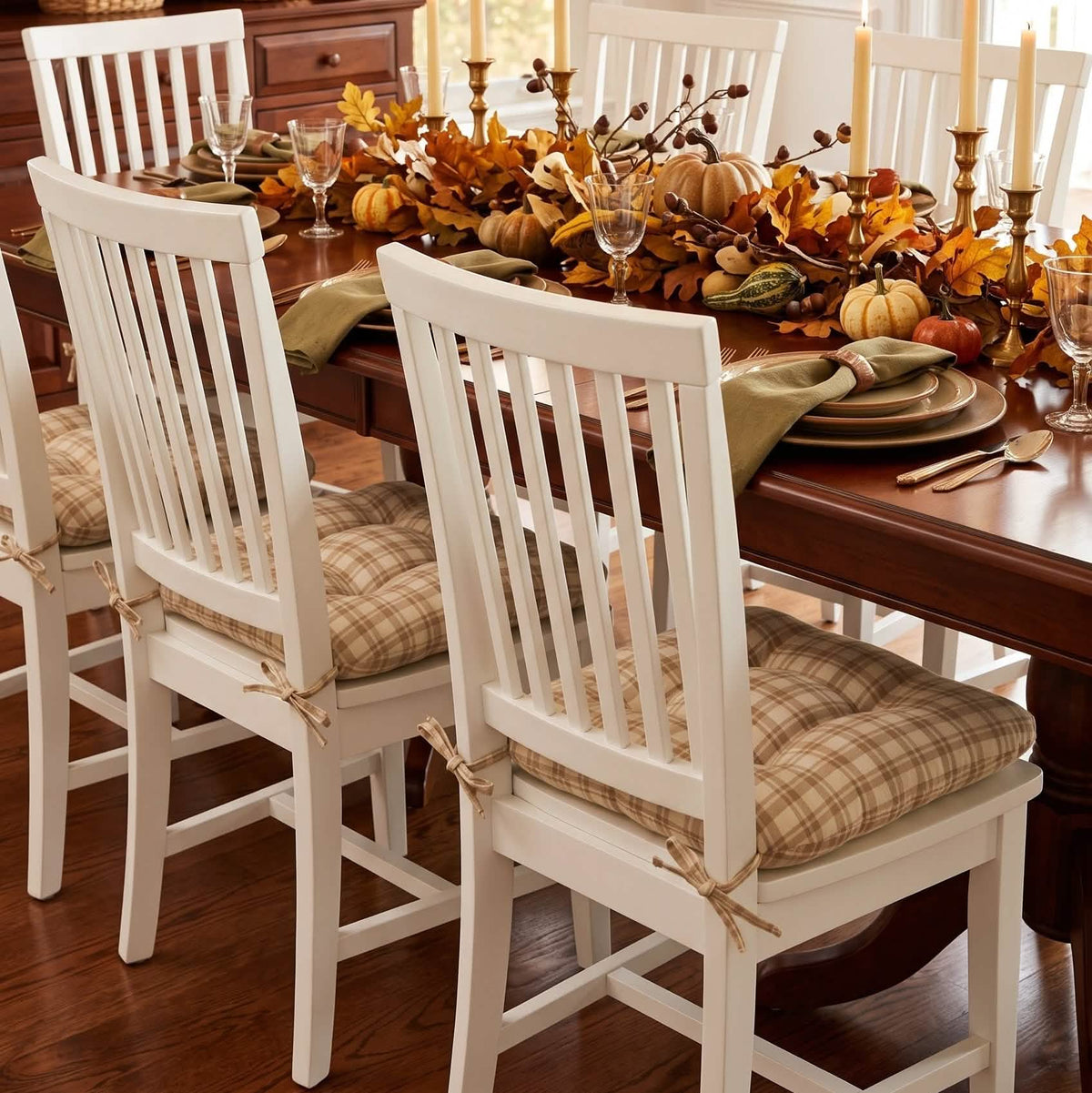 beige plaid dining chair cushions in fall theme dining room for thanksgiving