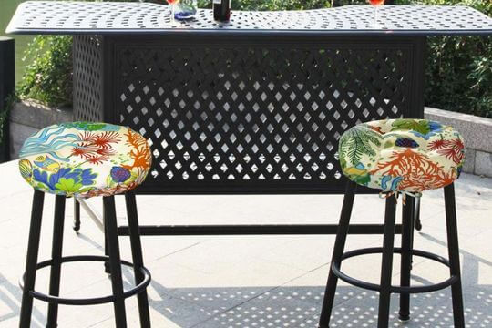 outdoor bar stool cushions at a patio wet bar